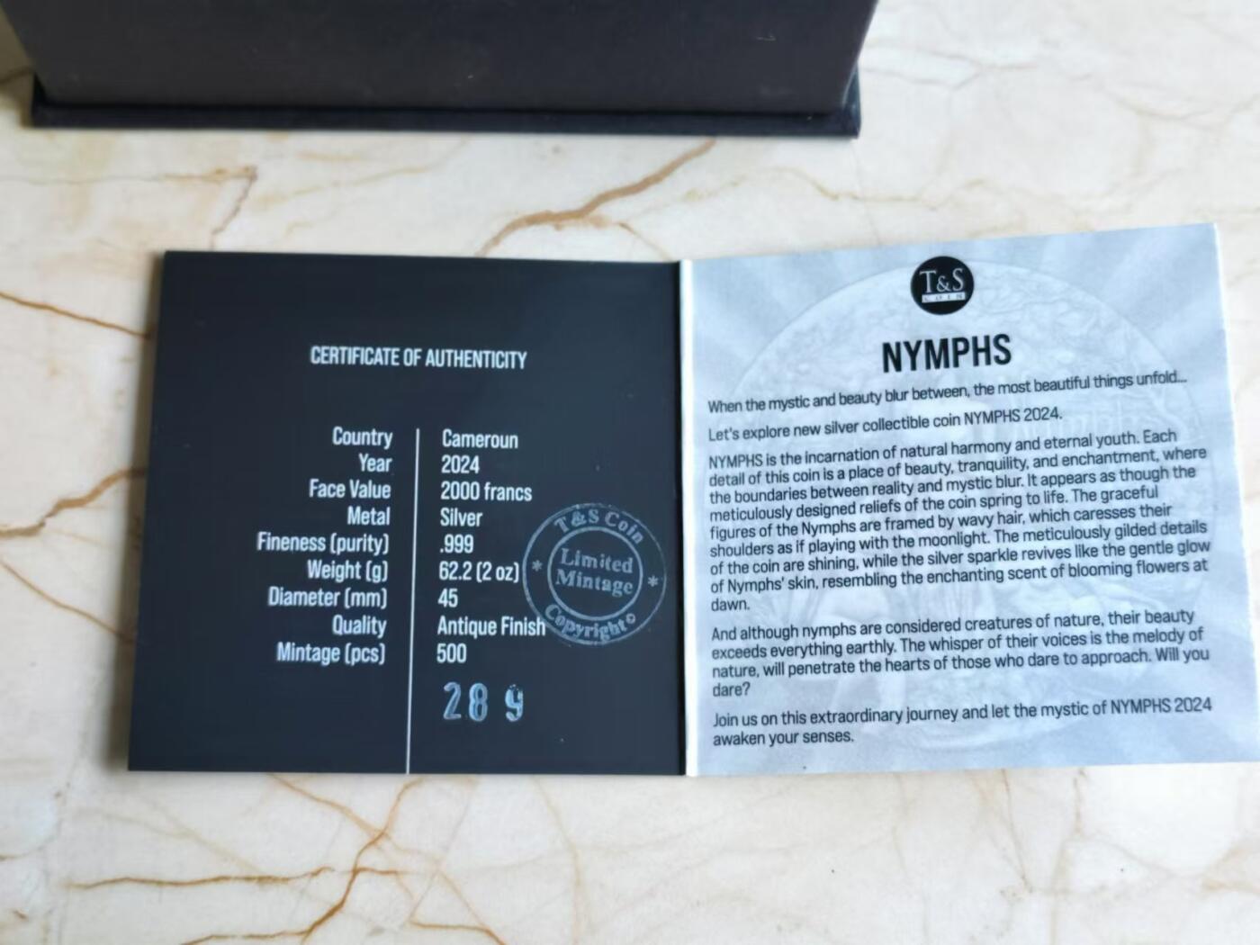 第187期拍卖 【海寧潮】喀麦隆2024年希腊神话女神宁芙2盎司仿古镀金纪念银币，999银，发行量500枚