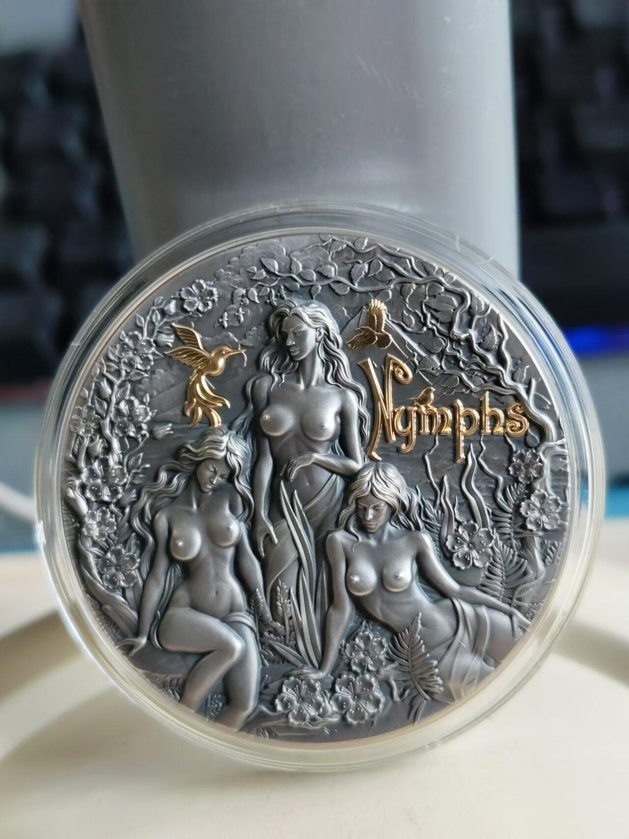 第187期拍卖 【海寧潮】喀麦隆2024年希腊神话女神宁芙2盎司仿古镀金纪念银币，999银，发行量500枚