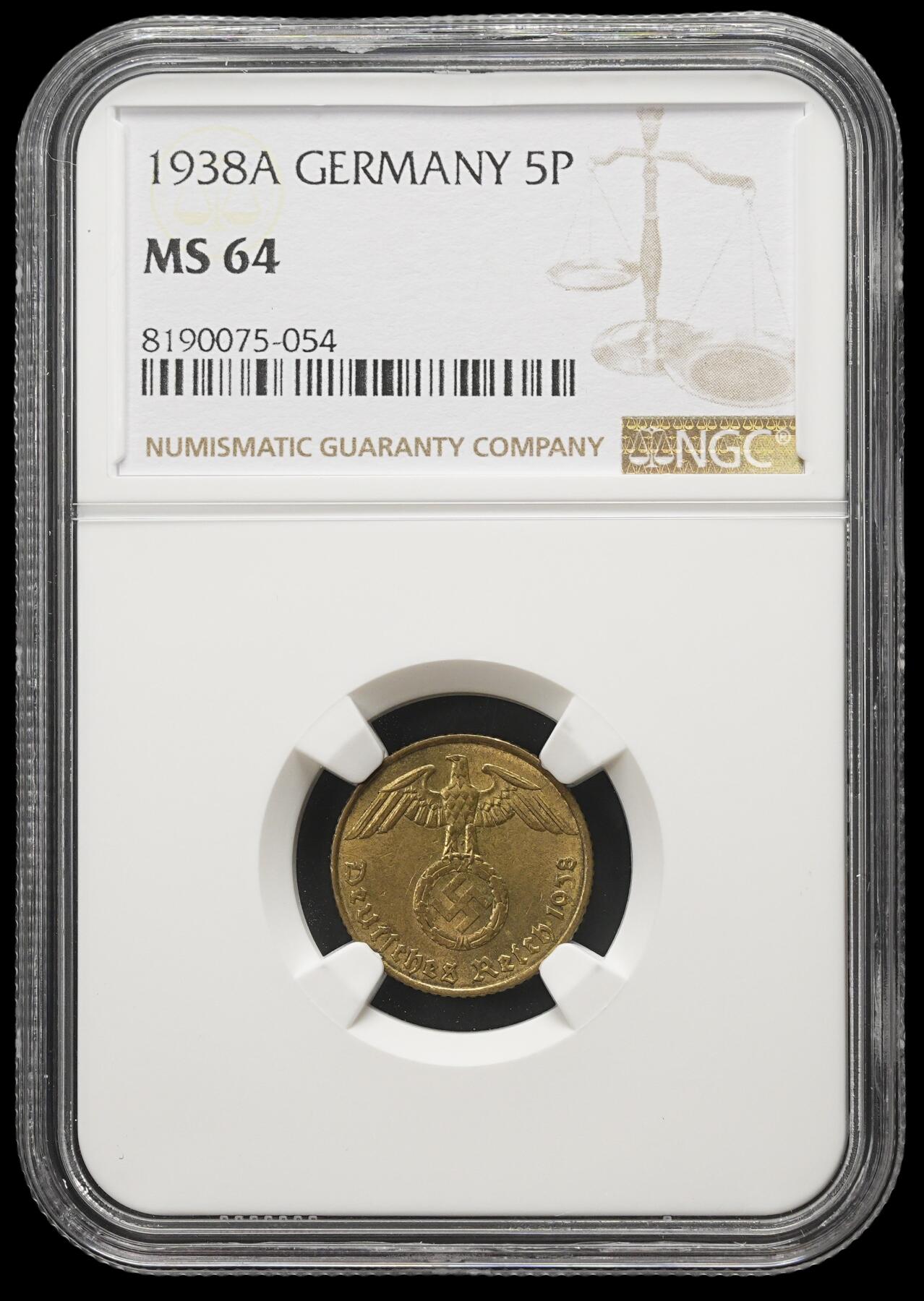 修遠堂世界钱币第三十九期 全场包邮 NGC MS64 1938年德三5芬尼铜币