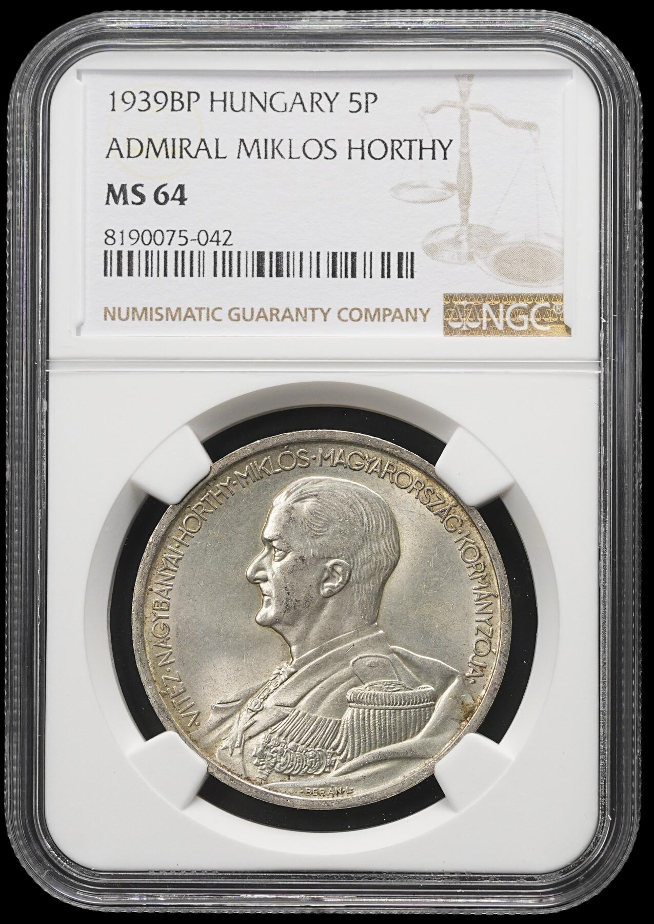 修遠堂世界钱币第三十九期 全场包邮 NGC MS64 1939年匈牙利摄政王海军上将霍尔蒂5 PENGO大银币