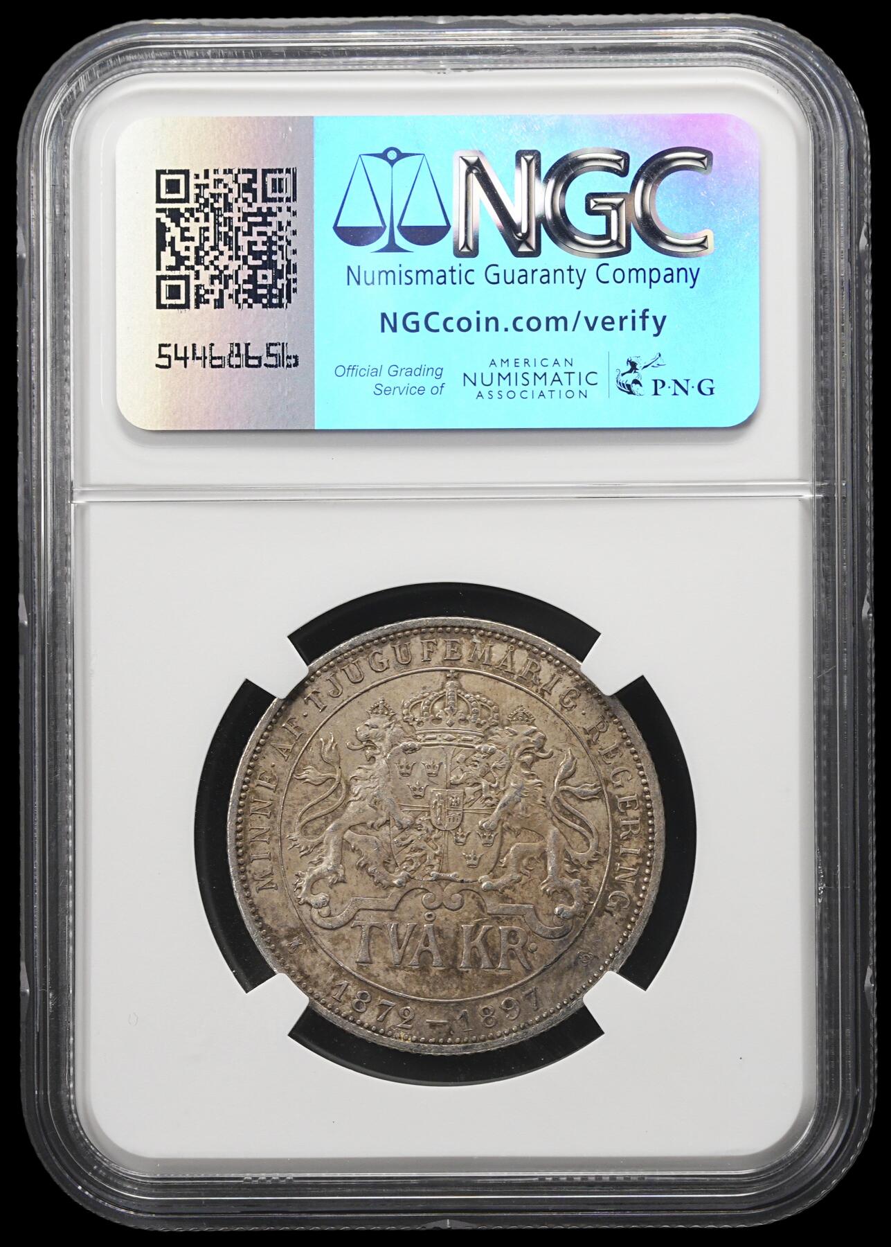 修遠堂世界钱币第三十九期 全场包邮 NGC MS63 1897年瑞典国王登基25周年纪念2克朗银币