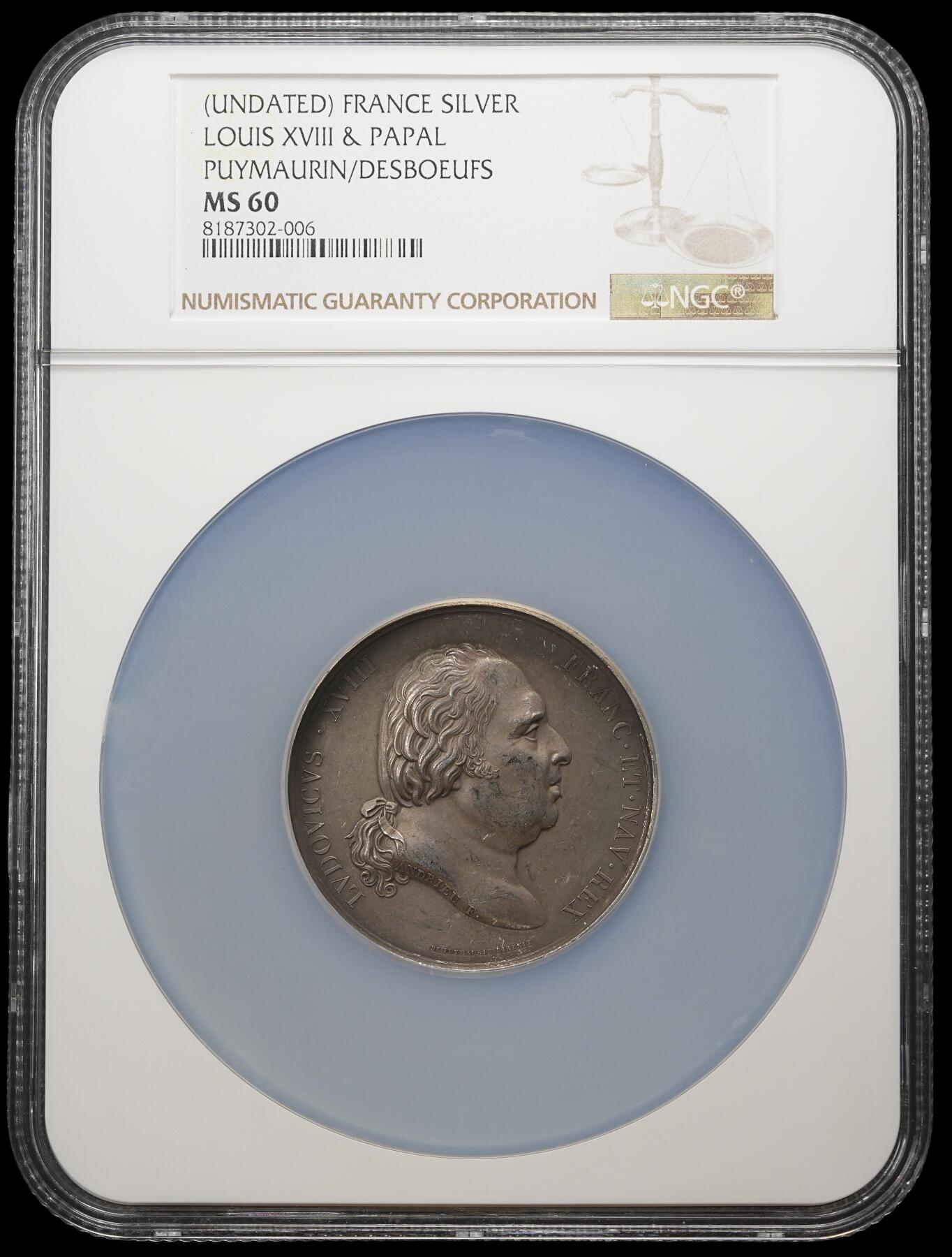修遠堂世界钱币第三十九期 全场包邮 NGC MS60 法国路易十八-波伦亚协定300周年纪念大银章