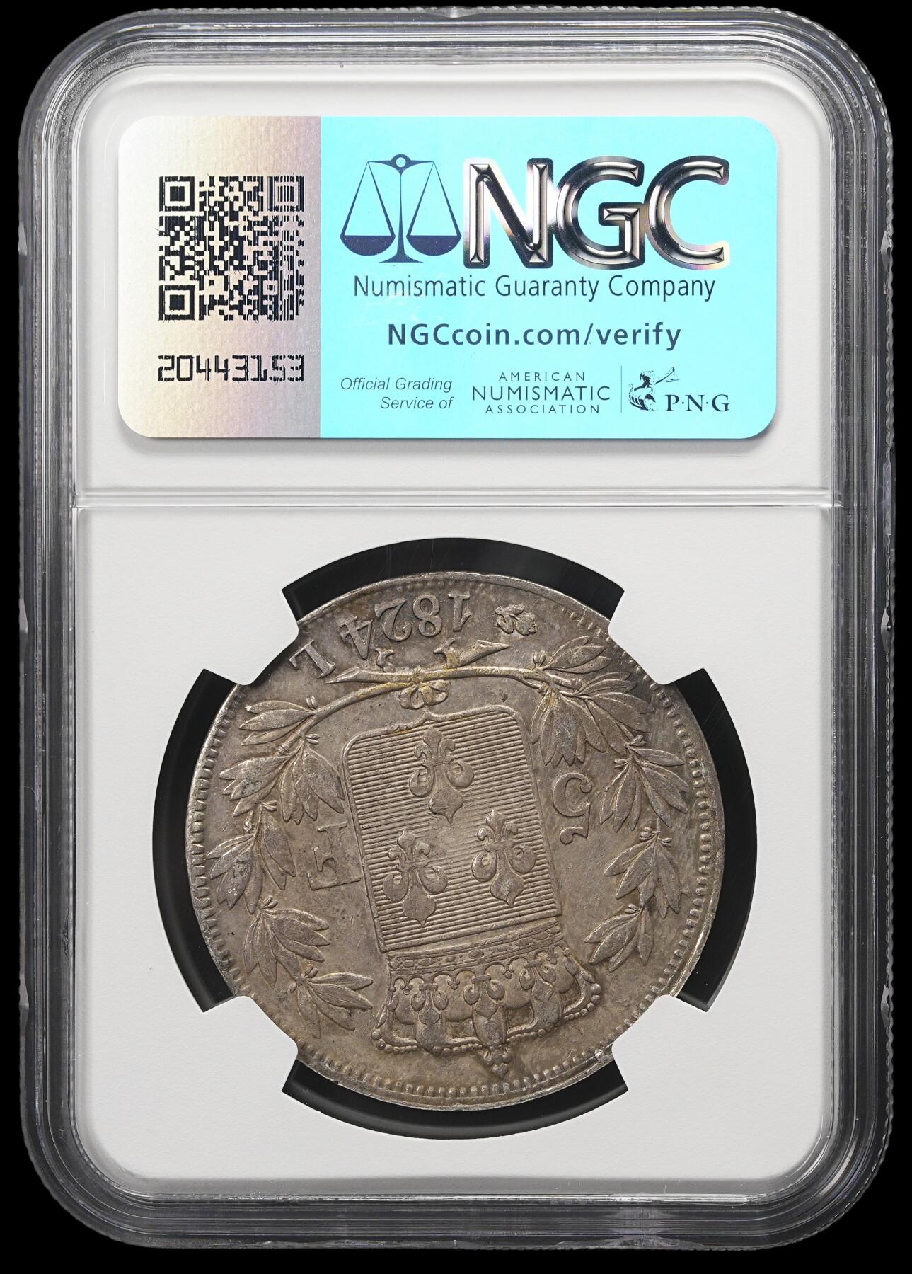 修遠堂世界钱币第三十九期 全场包邮 NGC AU53 1824年法国5法郎大银币 路易十八 L厂铭 少见品种