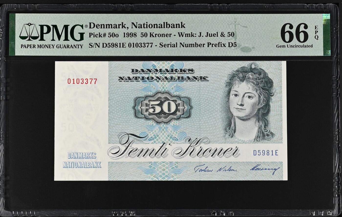 收藏联盟Quantum Auction 第376期拍卖  丹麦1998年50克朗 PMG66 号码无4 鲫鱼