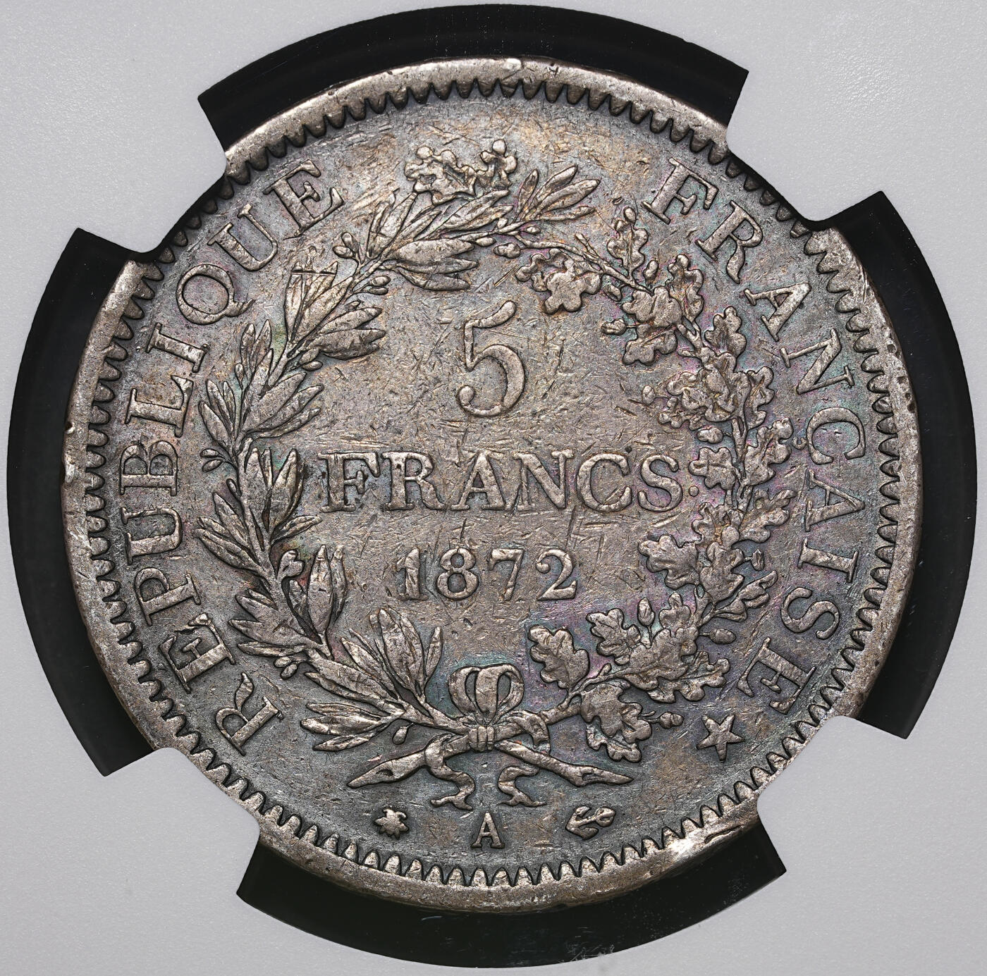 修遠堂世界钱币第三十九期 全场包邮 NGC XF45 1872年法国大力神5法郎大银币 A厂铭 五彩包浆 非常稀少的年份 仅铸造5.7万枚