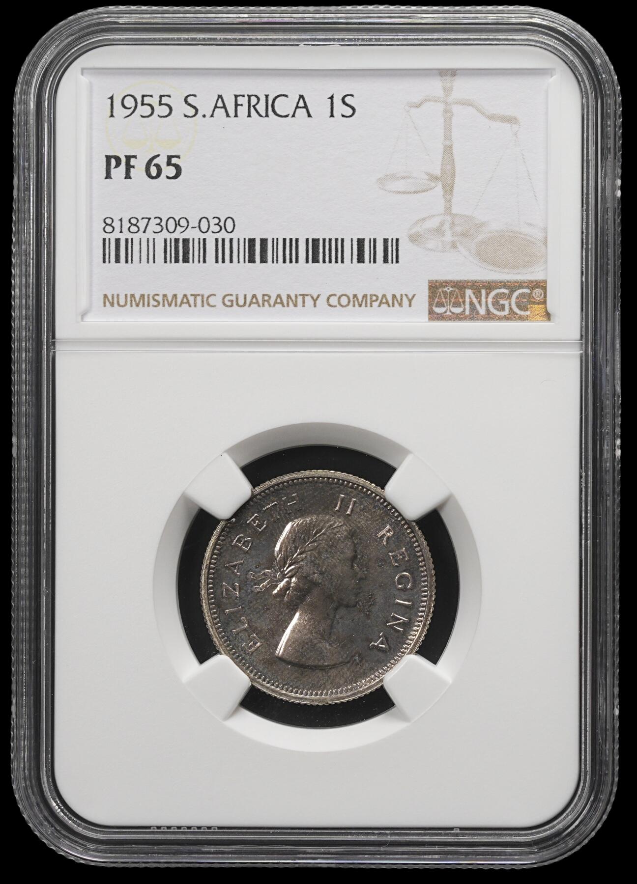 修遠堂世界钱币第三十九期 全场包邮 NGC PF65 1955年南非1先令精制银币 仅铸造2850枚