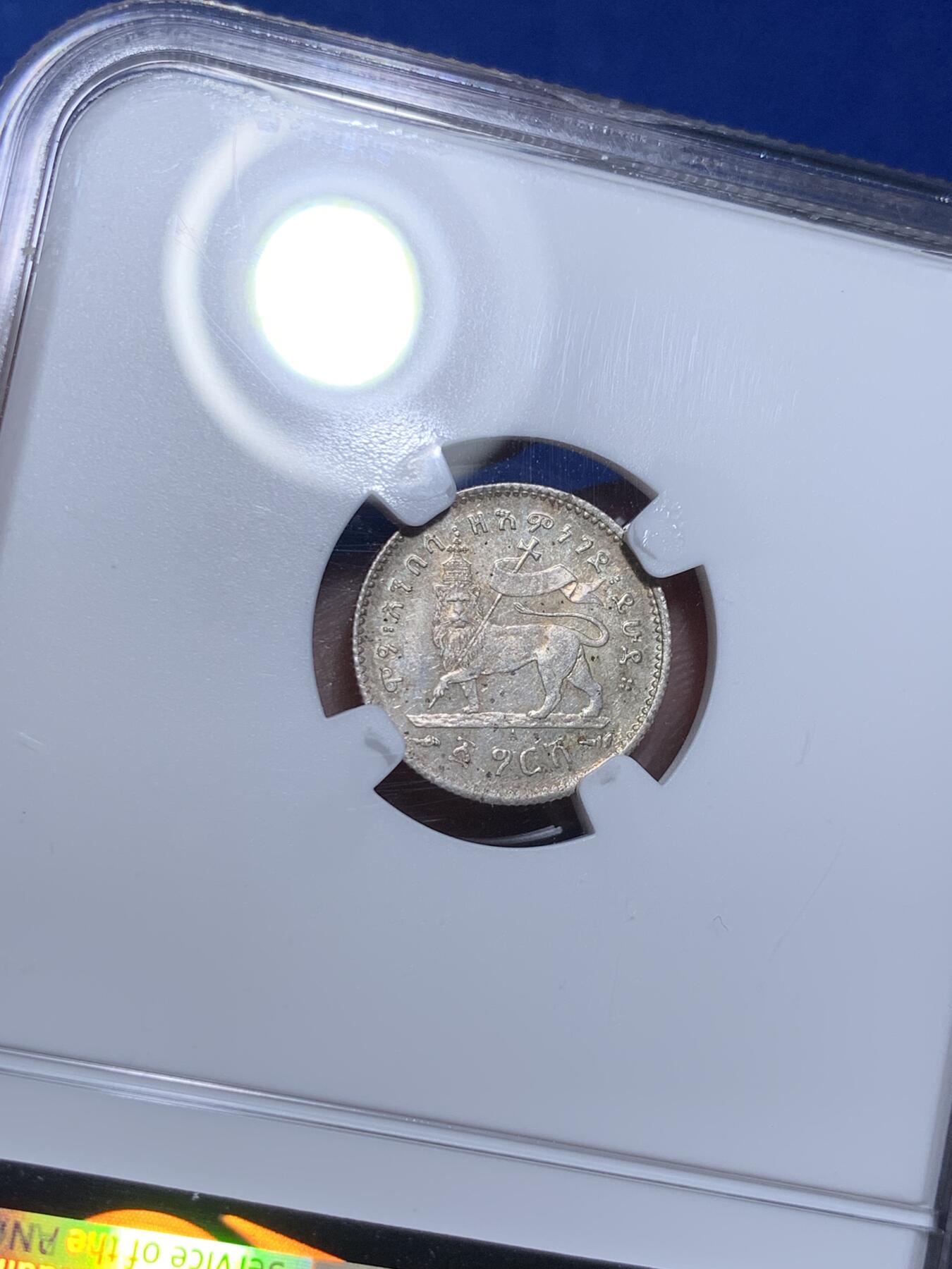 《竞宝斋》第307场   周日，周一,周二 3场连拍 （全场包邮） NGC MS63 埃塞俄比亚1895年狮子扛旗1GERSH银币 原味包浆