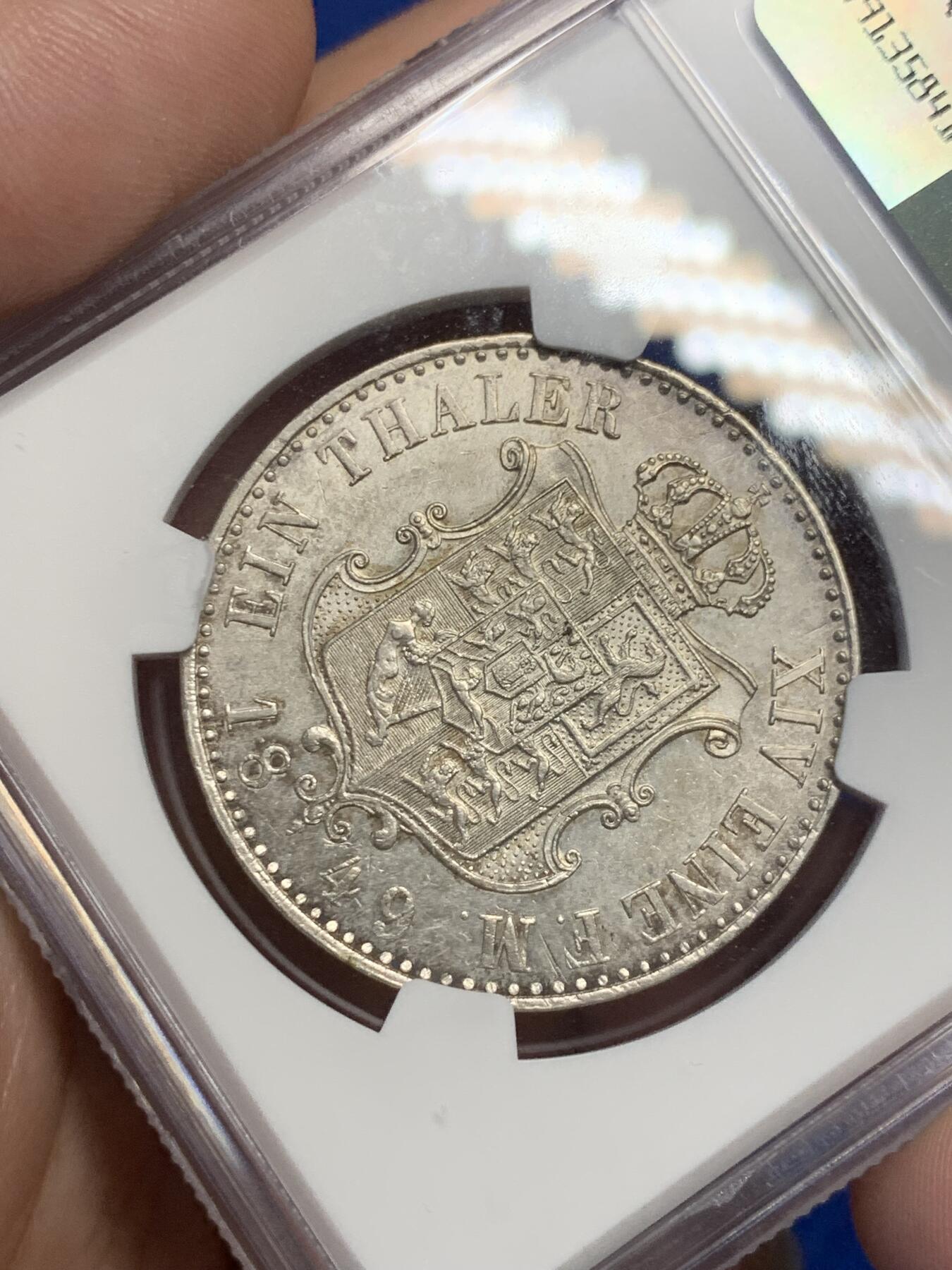 《竞宝斋》第307场   周日，周一,周二 3场连拍 （全场包邮） NGC UNC 德国 汉诺威 1849 奥古斯特一世 泰勒银币 少见品种 细节非常好 带淡彩