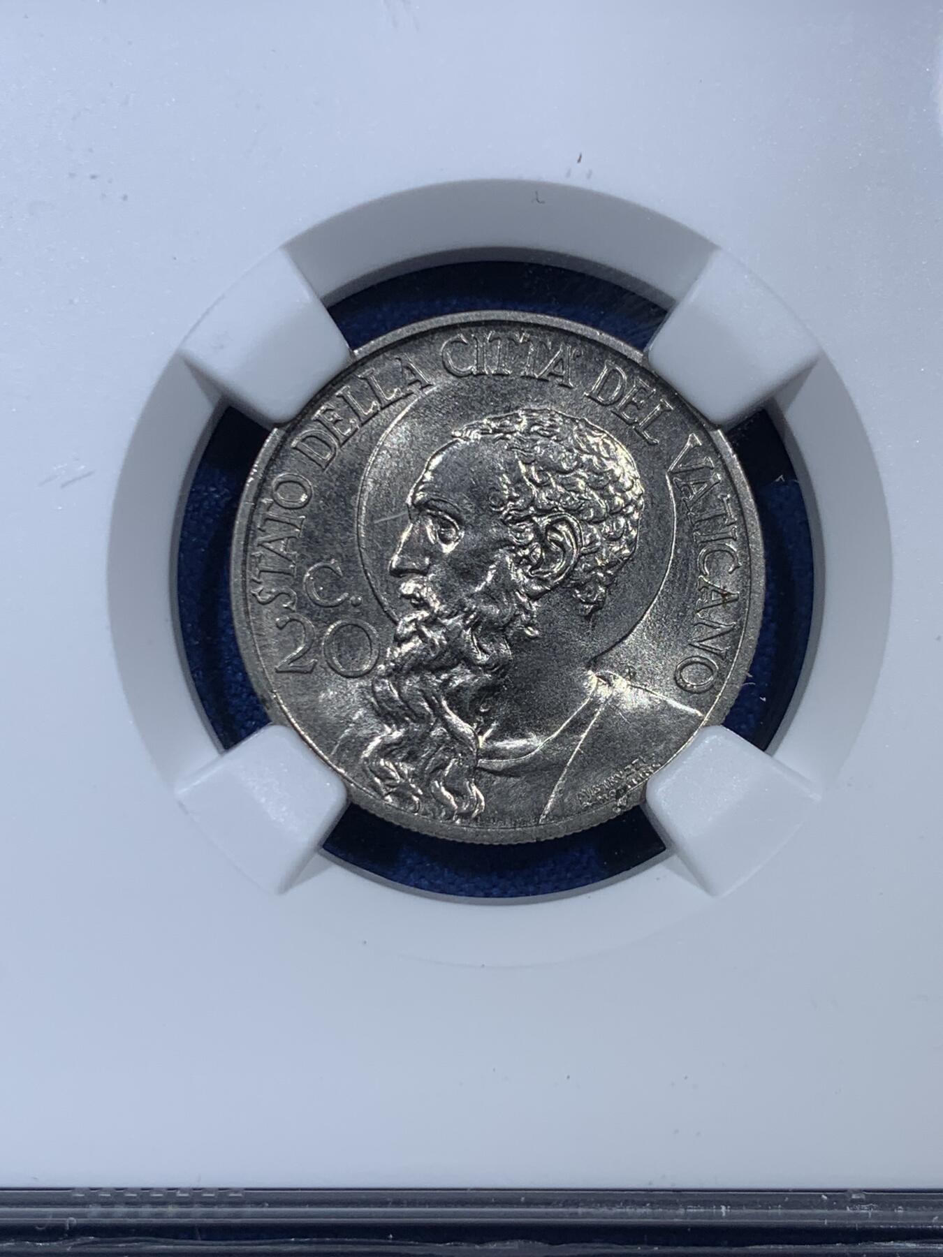《竞宝斋》第307场   周日，周一,周二 3场连拍 （全场包邮） NGC MS64 1937 梵蒂冈 20分镍币 少见早期品种 64分已经很难得了 两面光都很不错 可藏品相