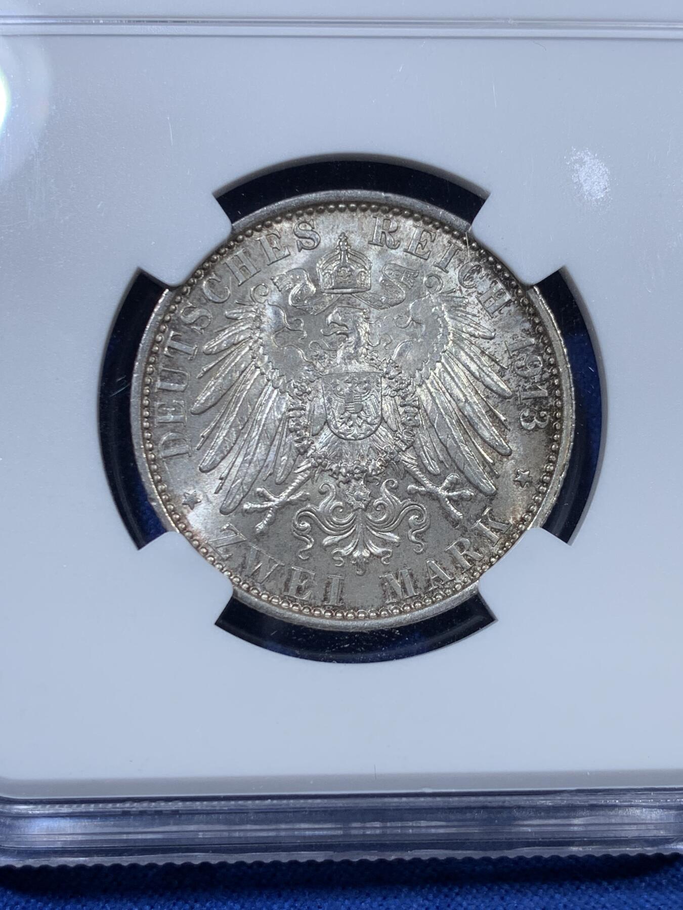 《竞宝斋》第307场   周日，周一,周二 3场连拍 （全场包邮） NGC MS65 原光德国1913年普鲁士军装2马克银币