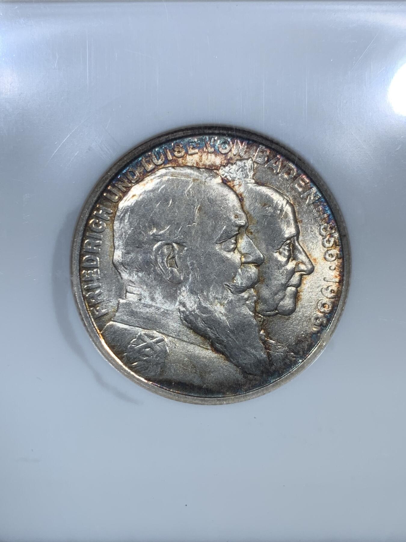 《竞宝斋》第307场   周日，周一,周二 3场连拍 （全场包邮） NGC MS64 德国1906巴登金婚2马克银币 早期小白盒
