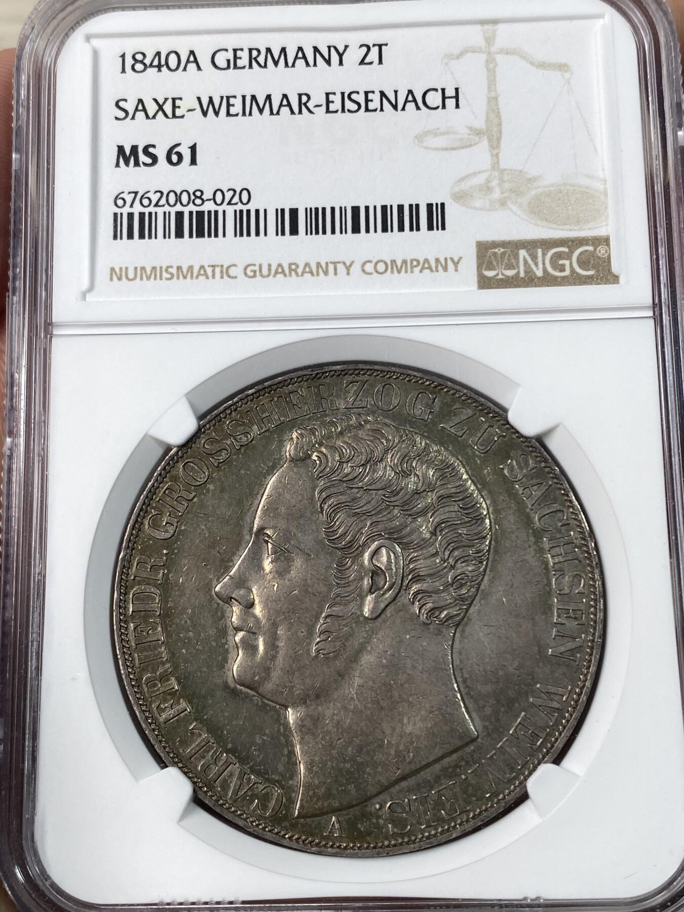 万国钱币拍卖第034期 NGC MS61 1840年萨克森-魏玛-艾森纳赫纹章2泰勒 超难MS小邦 原味五彩包浆