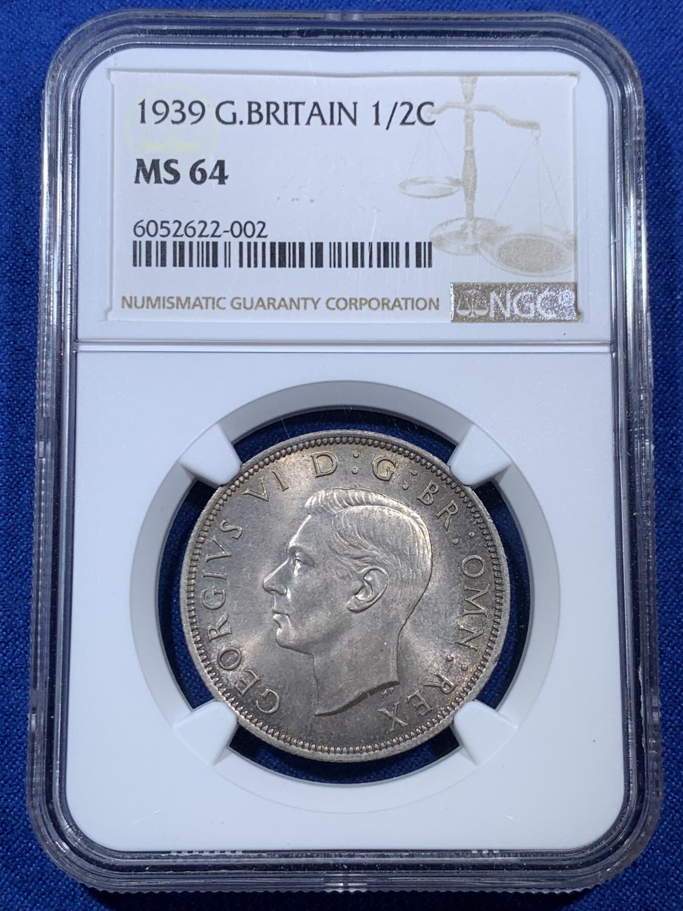 《竞宝斋》第307场   周日，周一,周二 3场连拍 （全场包邮） NGC MS64 英国 1939年 半克朗 乔治六世 银币