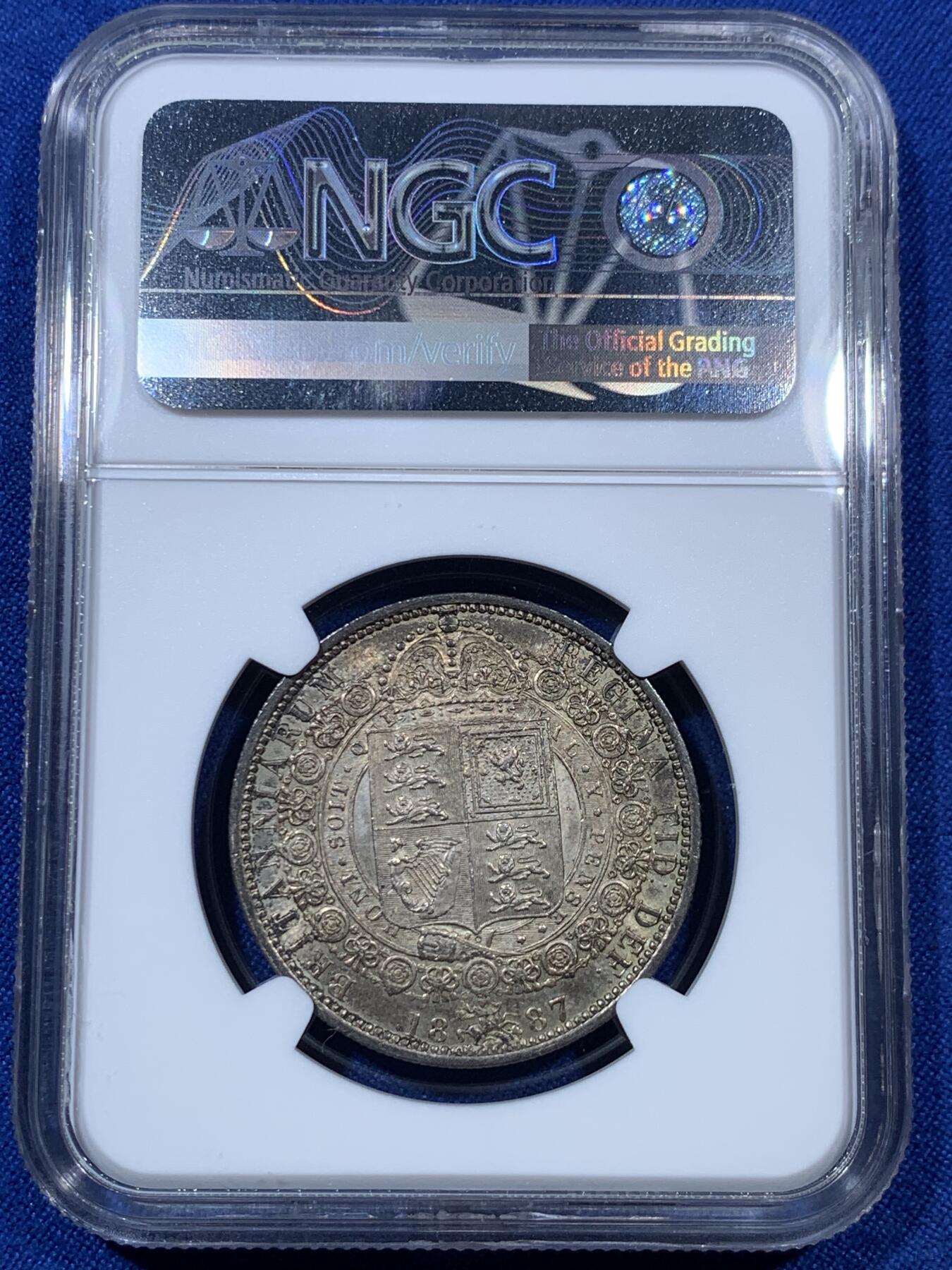 《竞宝斋》第307场   周日，周一,周二 3场连拍 （全场包邮） NGC MS62 英国1887年维多利亚半克朗银币 原味包浆
