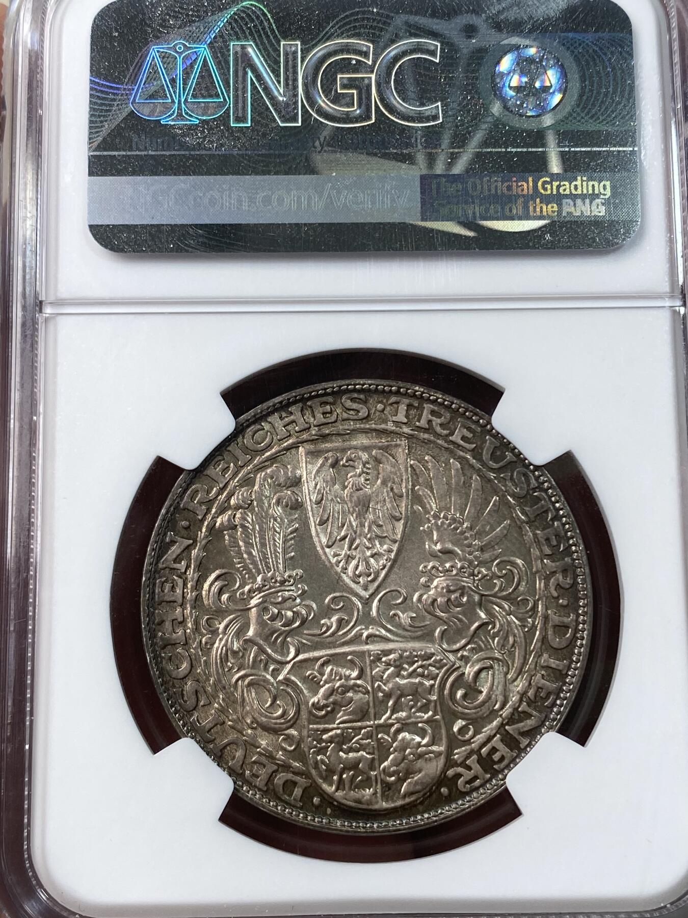万国钱币拍卖第034期 NGC MS64 1927兴登堡八十大寿纪念5马克币章 原味酱五彩