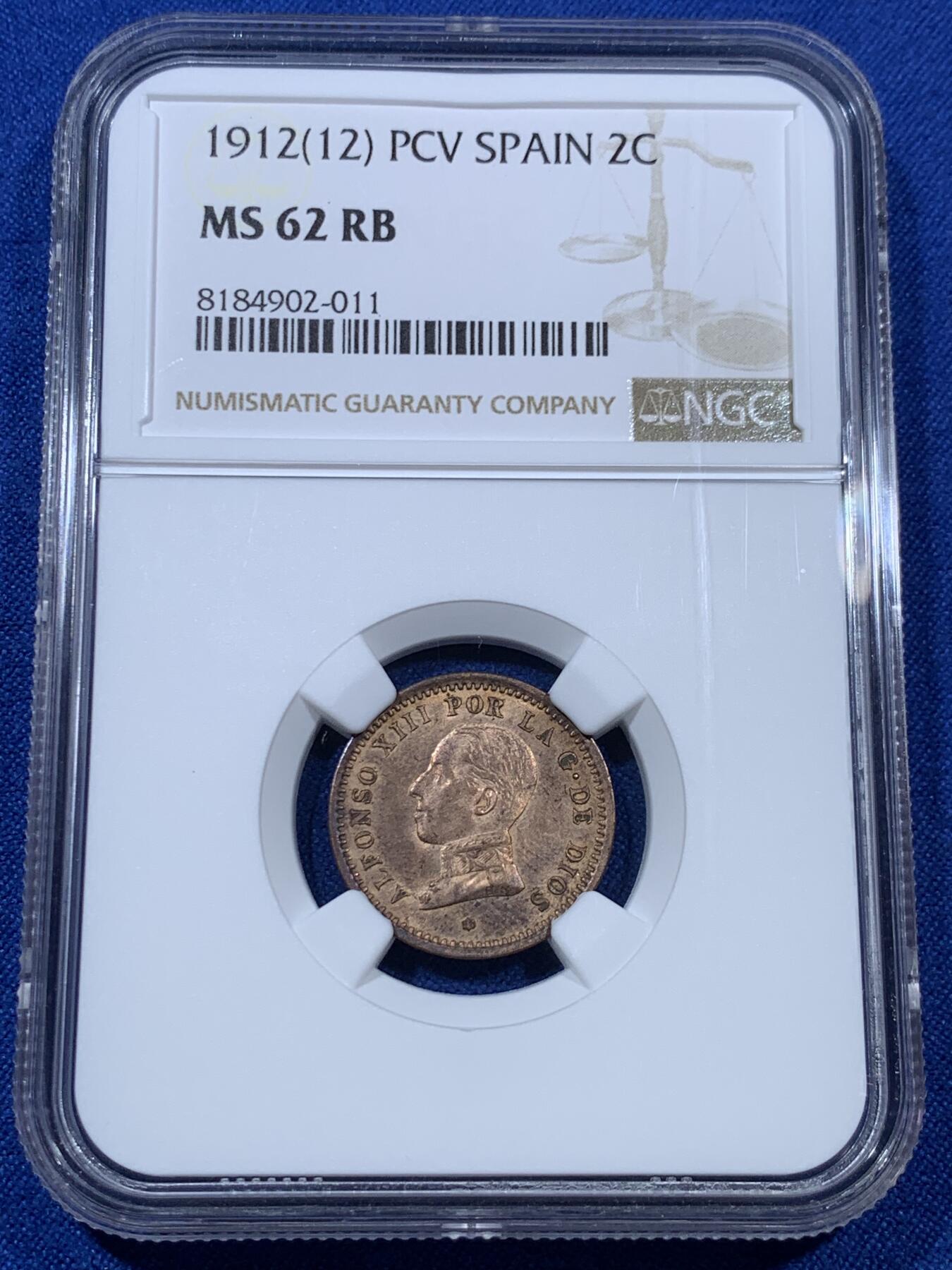 《竞宝斋》第307场   周日，周一,周二 3场连拍 （全场包邮） NGC MS62RB 西班牙1912阿方索十三世2分铜币