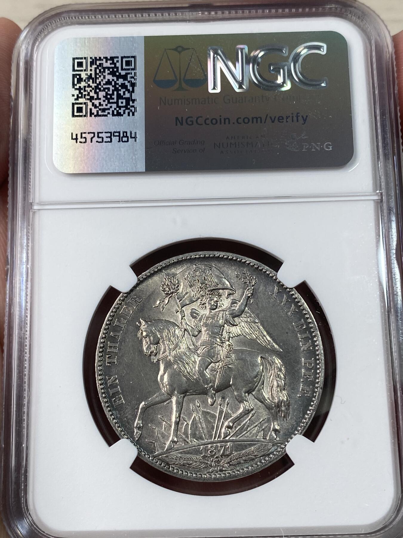 万国钱币拍卖第034期 NGC MS63 1871年德国萨克森普法战争胜利流通1泰勒 胜利女神凯旋而归 胜利系列中难度最大的一枚