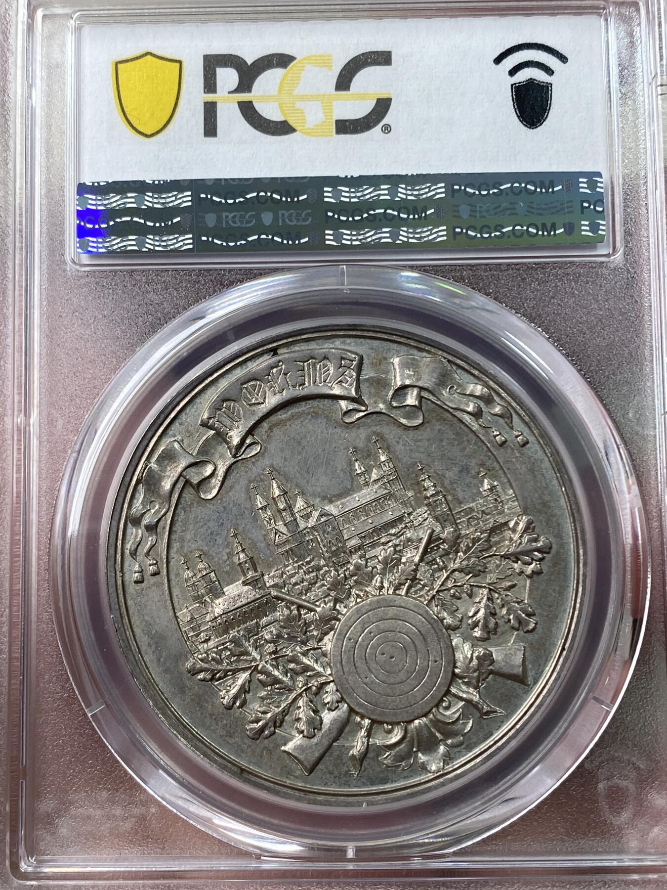 万国钱币拍卖第034期 NGC SP63 1895年德国第十四届联邦沃尔姆斯射击节大银章 格里芬龙手持盾徽俯视城市景观 经典名誉罕见品种 