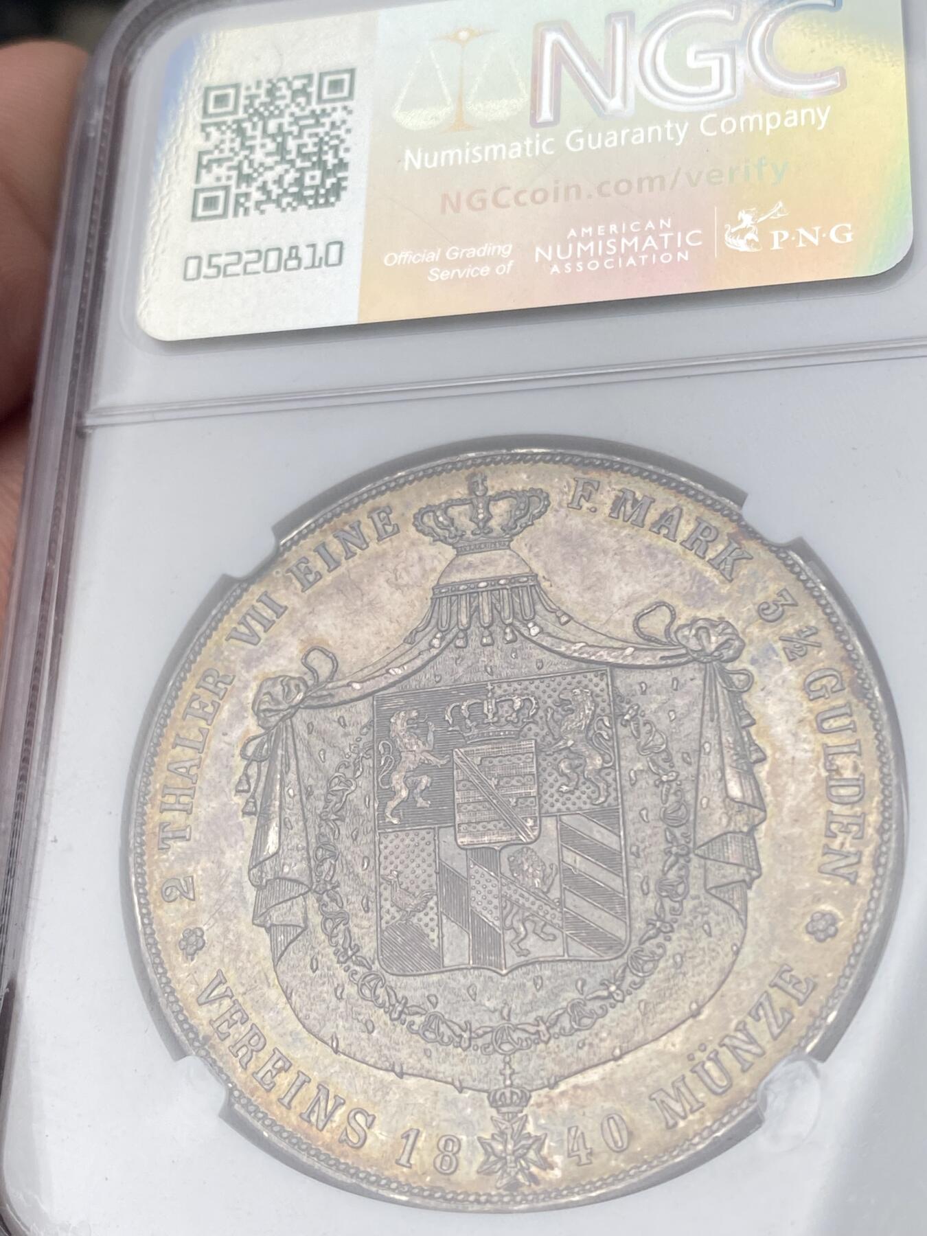 万国钱币拍卖第034期 NGC MS61 1840年萨克森-魏玛-艾森纳赫纹章2泰勒 超难MS小邦 原味五彩包浆