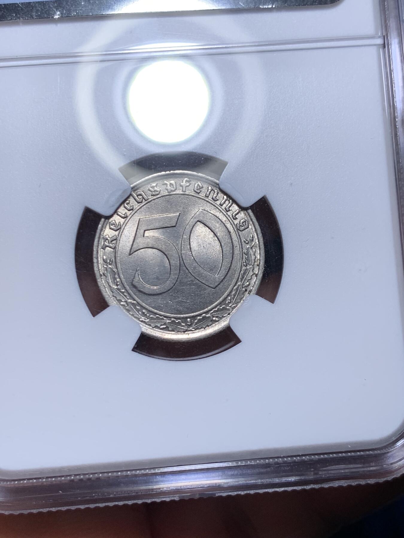《竞宝斋》第307场   周日，周一,周二 3场连拍 （全场包邮） NGC MS64 德国 第三帝国1939年50芬尼镍币 坦克币 回炉铸造武器 第三帝国小名誉品