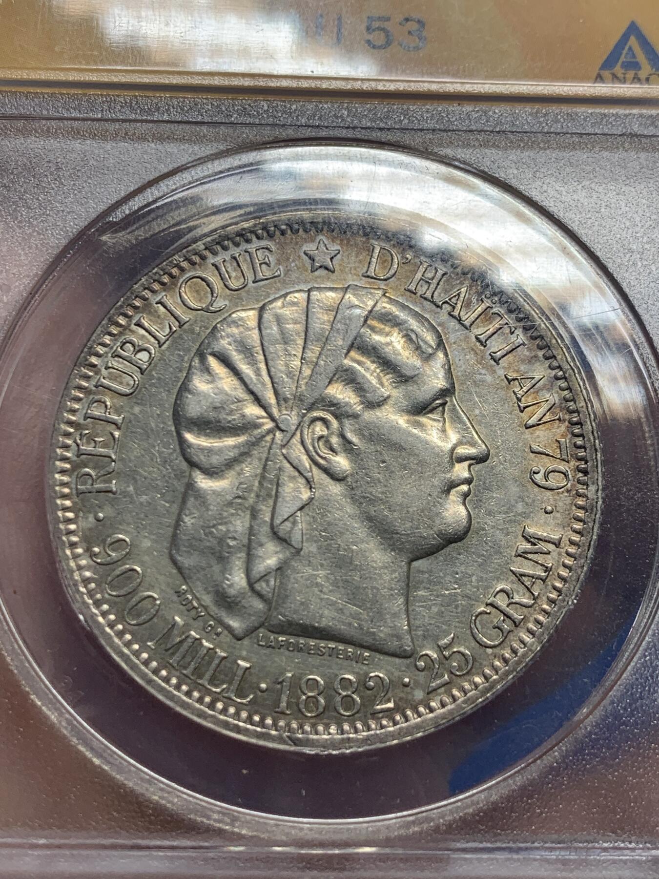 《竞宝斋》第307场   周日，周一,周二 3场连拍 （全场包邮） ANACS AU53 海地1882年女神1GOURDE大银币，经典A盒品质保证