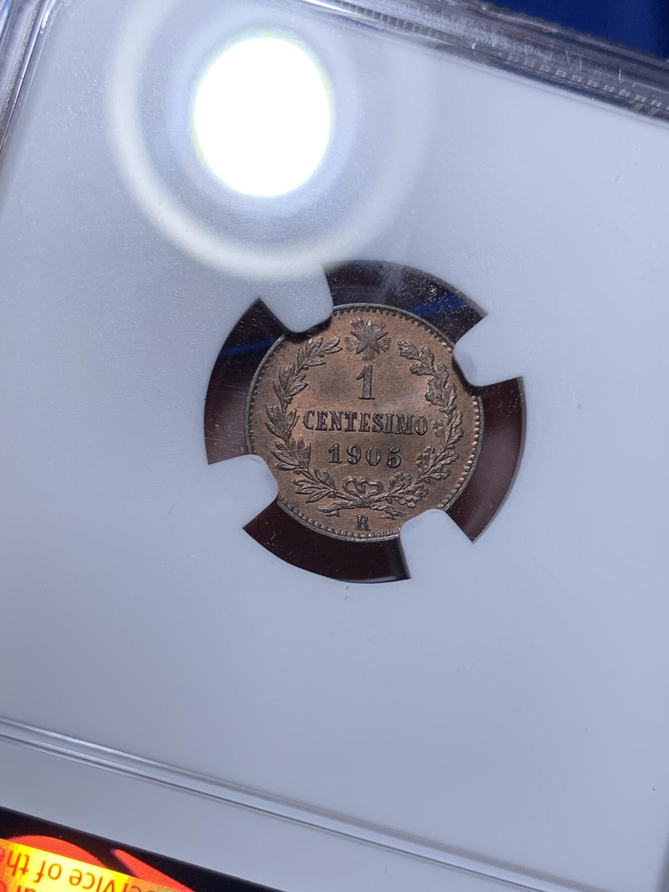 《竞宝斋》第307场   周日，周一,周二 3场连拍 （全场包邮） NGC MS65BN 意大利1905年1分，高分好品难寻，凑套必备