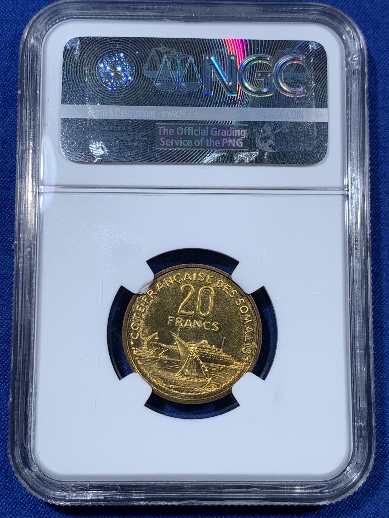 《竞宝斋》第307场   周日，周一,周二 3场连拍 （全场包邮） NGC MS64 1952法属索马里20法郎加厚铝铜样币，唯一冠军分，发行量104枚，非常漂亮！