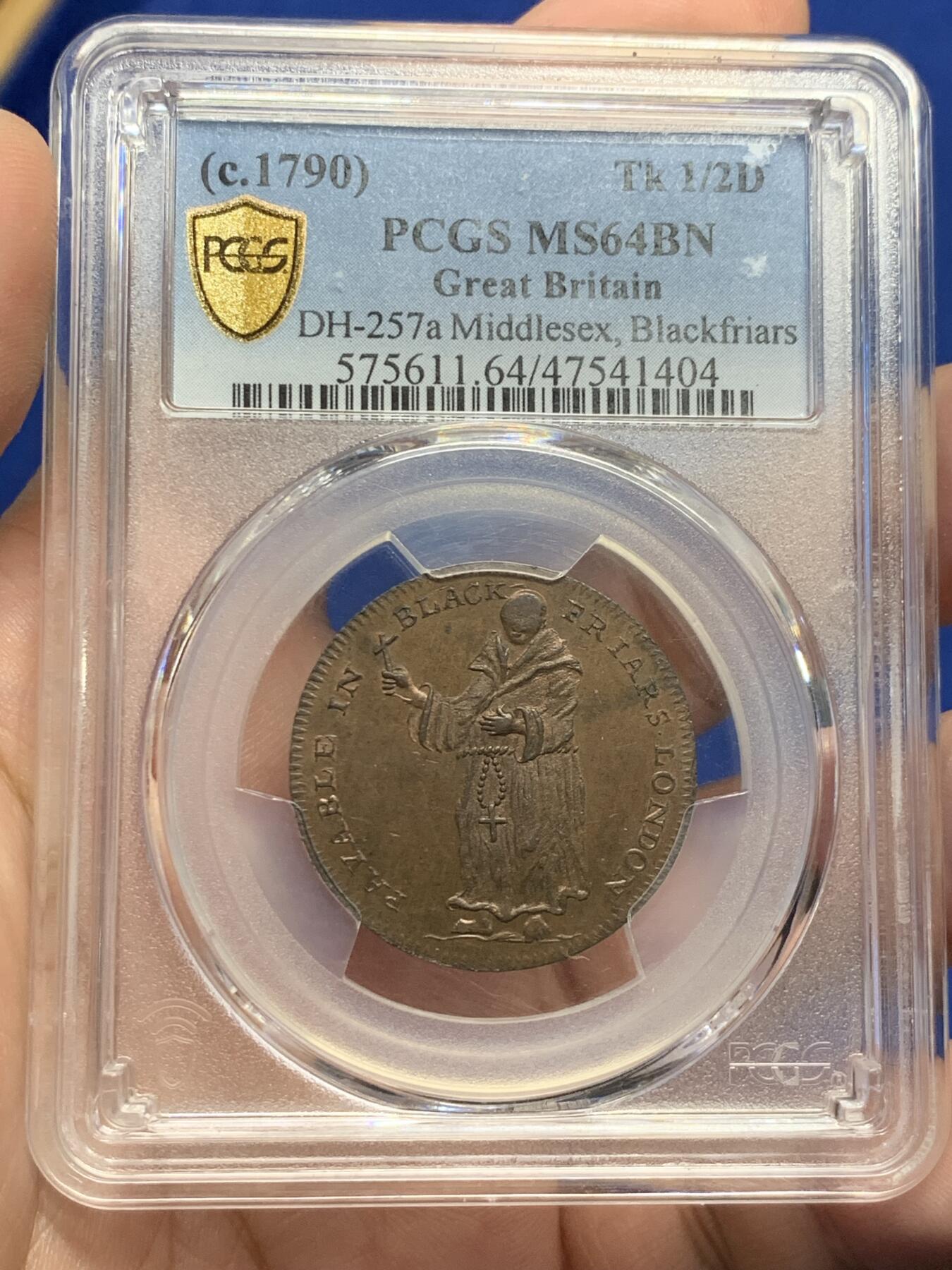 《竞宝斋》第307场   周日，周一,周二 3场连拍 （全场包邮） PCGS MS64BN 英国1790黑修士1/2便士代币 极美细节