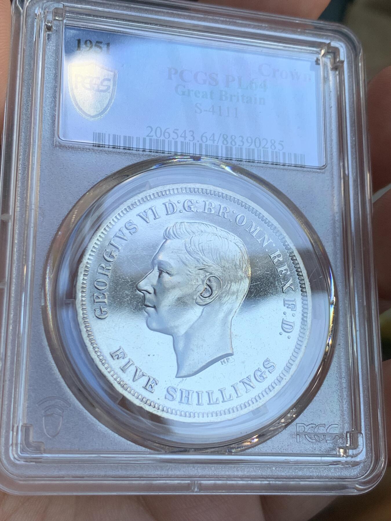 《竞宝斋》第307场   周日，周一,周二 3场连拍 （全场包邮） PCGS PL64 英国1951年乔治六世镍马剑克朗币 英系马剑玩家凑套必备品种