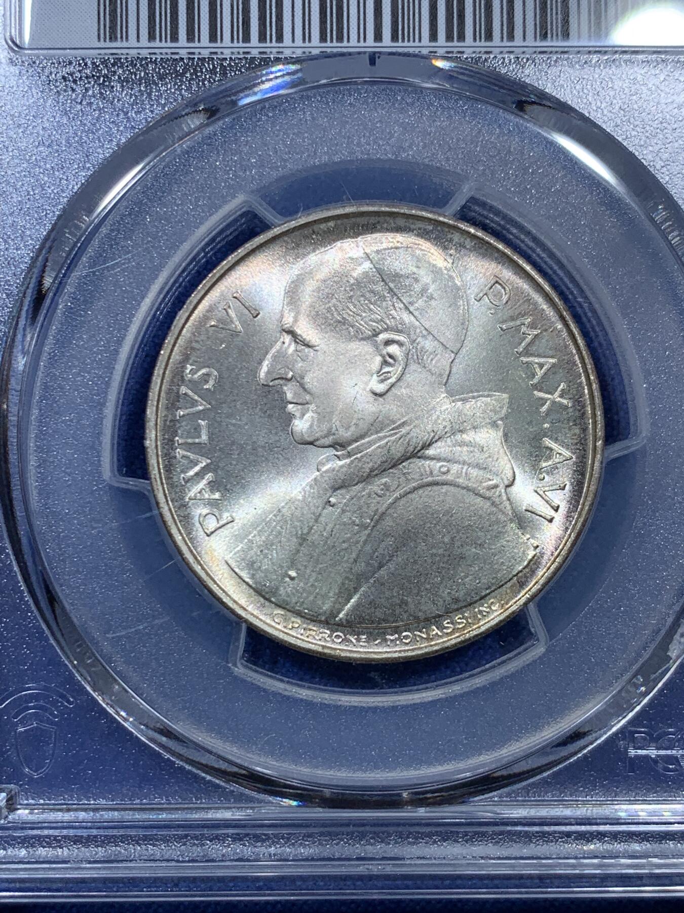 《竞宝斋》第307场   周日，周一,周二 3场连拍 （全场包邮） PCGS MS67 梵蒂冈1968年500里拉银币 联合国粮农组织纪念币，亚军分！最高分68分仅1枚