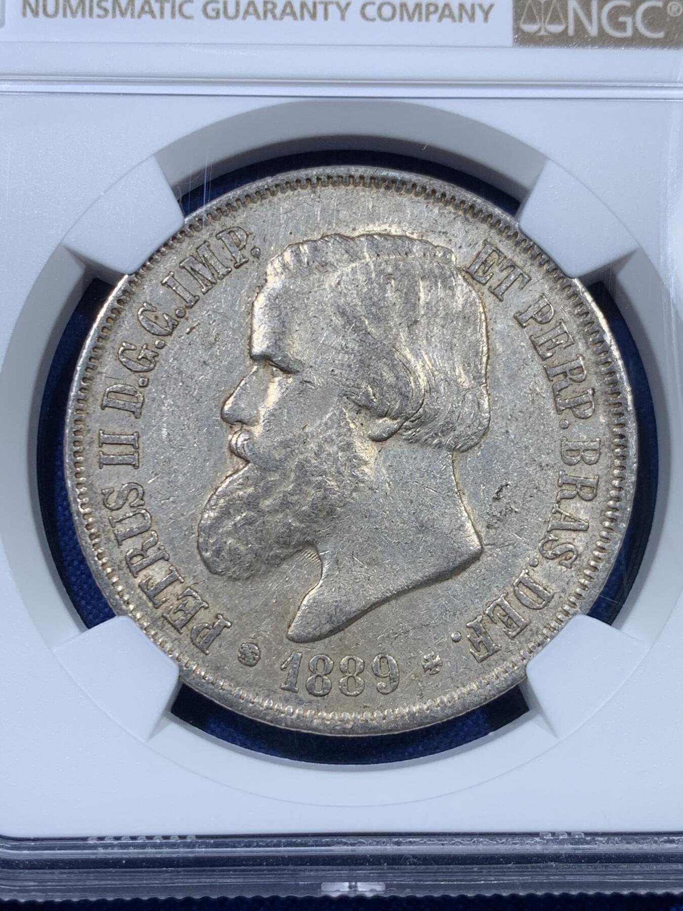 《竞宝斋》第307场   周日，周一,周二 3场连拍 （全场包邮） NGC AU55 巴西1889年佩德罗二世2000瑞斯银币