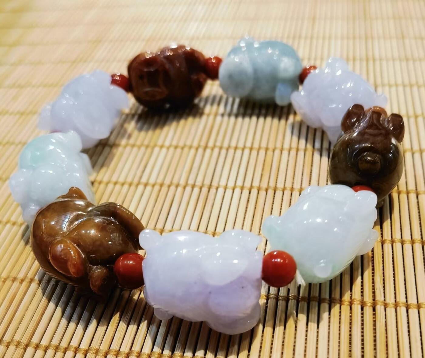 纯天然A货翡翠多宝福猪手串男款