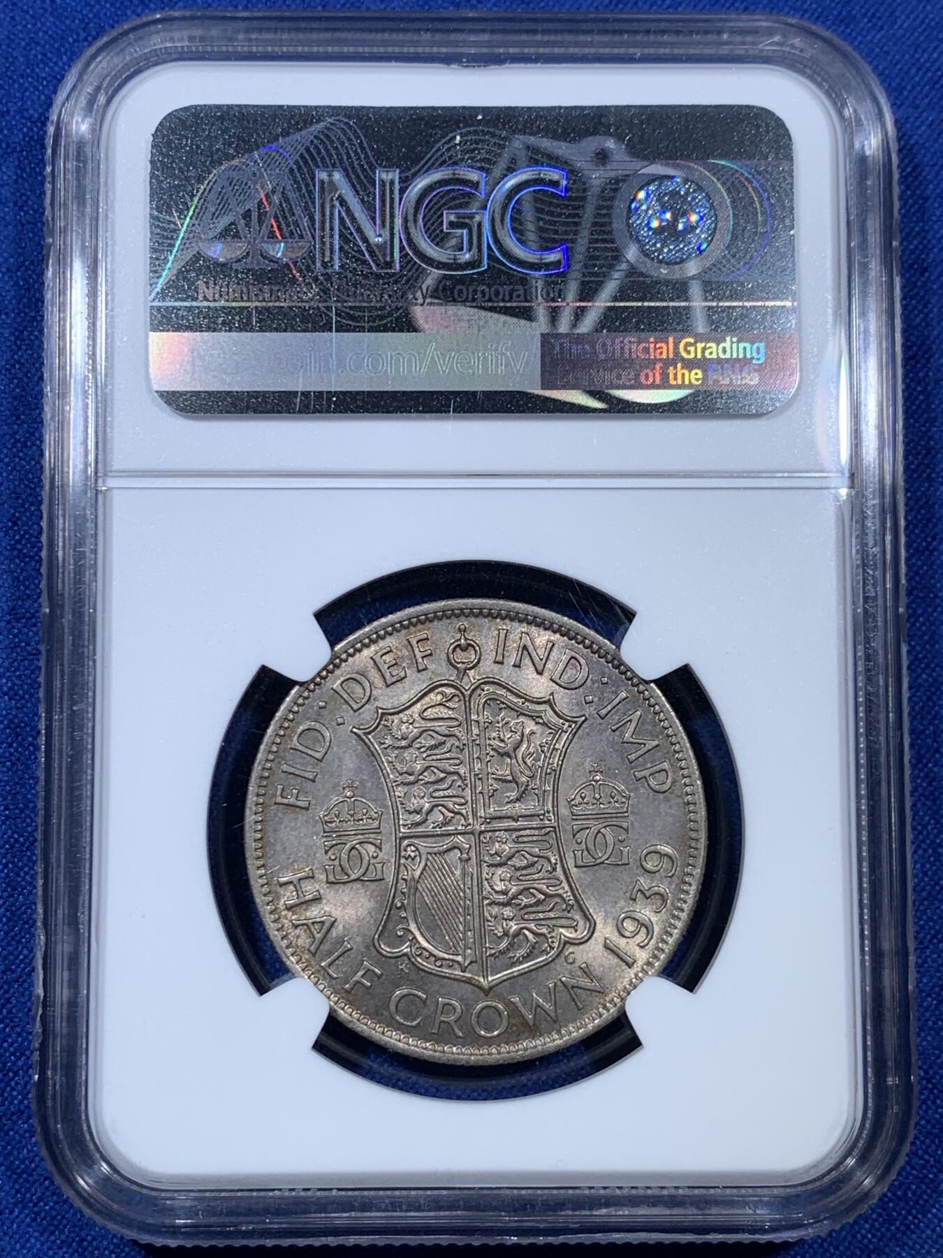 《竞宝斋》第307场   周日，周一,周二 3场连拍 （全场包邮） NGC MS64 英国 1939年 半克朗 乔治六世 银币