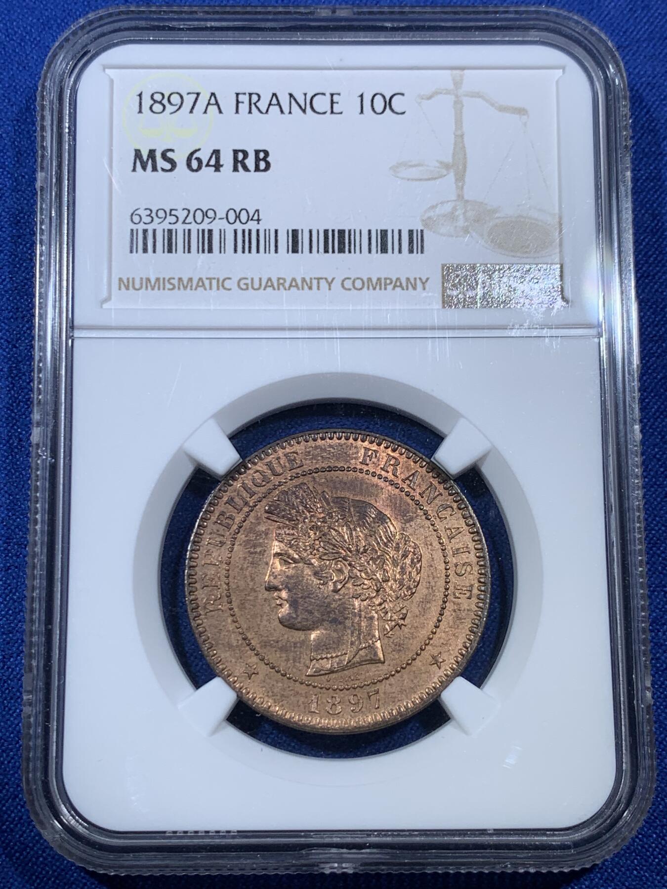 《竞宝斋》第307场   周日，周一,周二 3场连拍 （全场包邮） NGC MS64RB 法国1897A谷物女神10分铜币 更高分仅有8枚