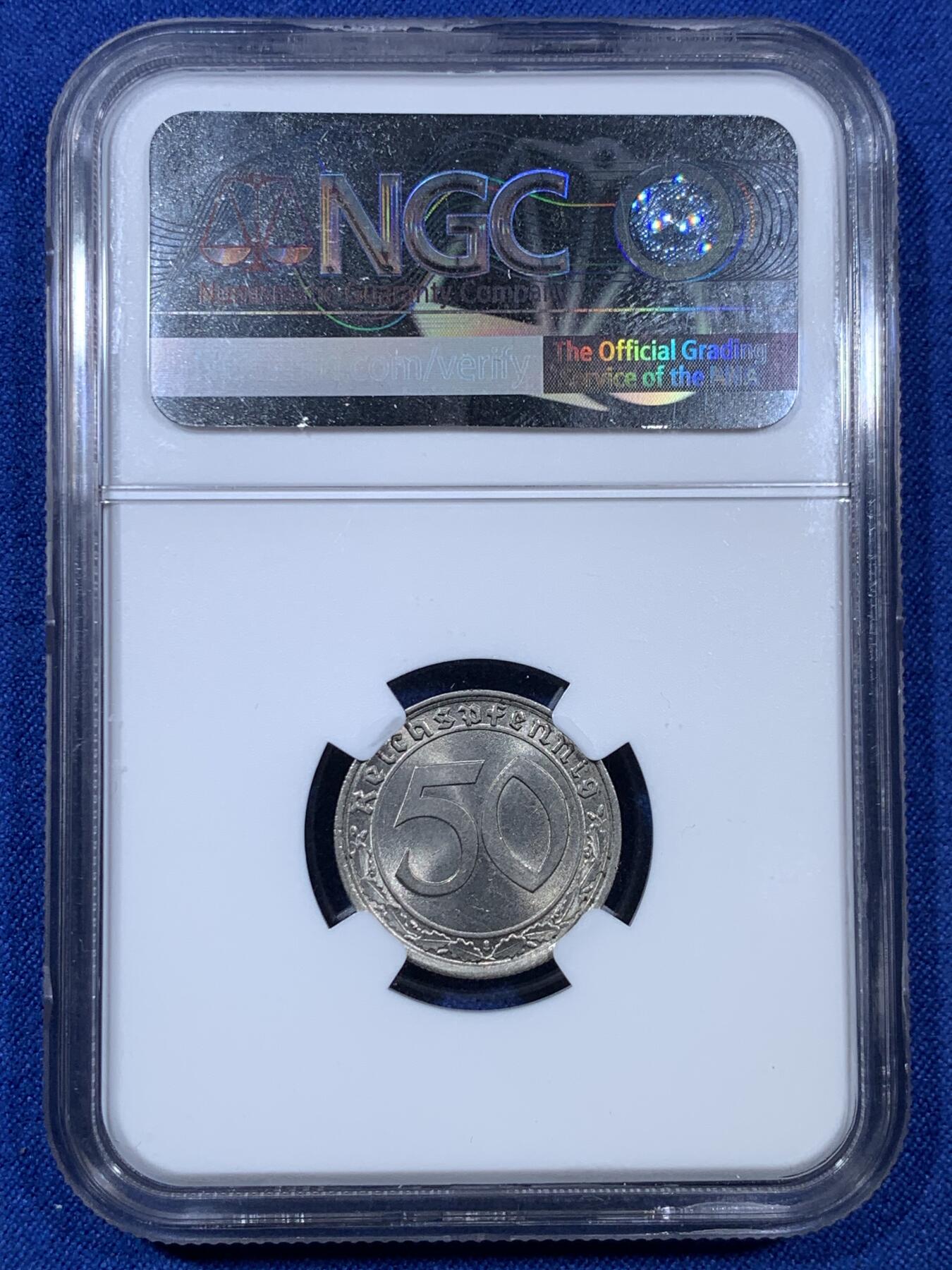 《竞宝斋》第307场   周日，周一,周二 3场连拍 （全场包邮） NGC MS64 德国 第三帝国1939年50芬尼镍币 坦克币 回炉铸造武器 第三帝国小名誉品