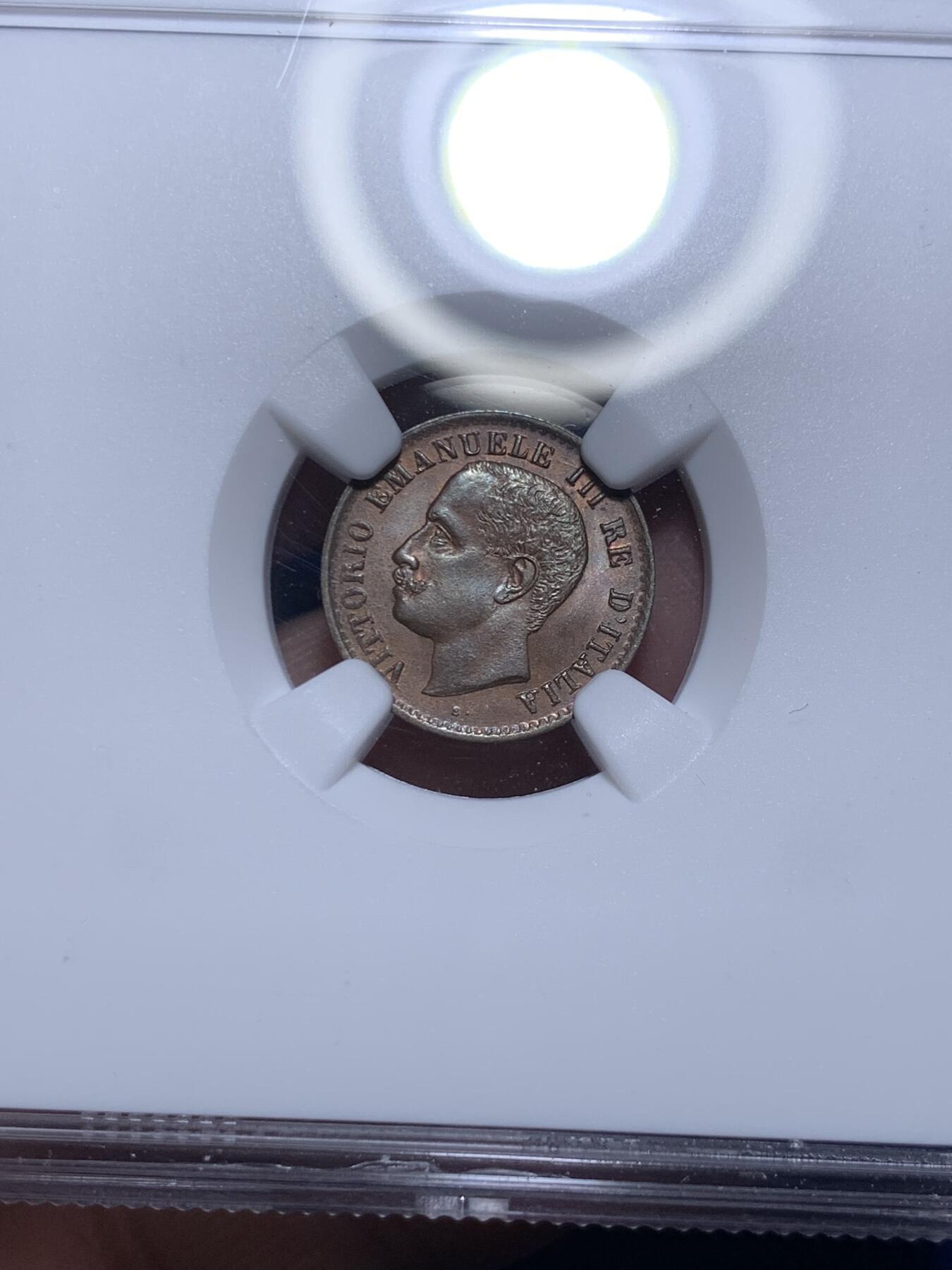 《竞宝斋》第307场   周日，周一,周二 3场连拍 （全场包邮） NGC MS65BN 意大利1905年1分，高分好品难寻，凑套必备