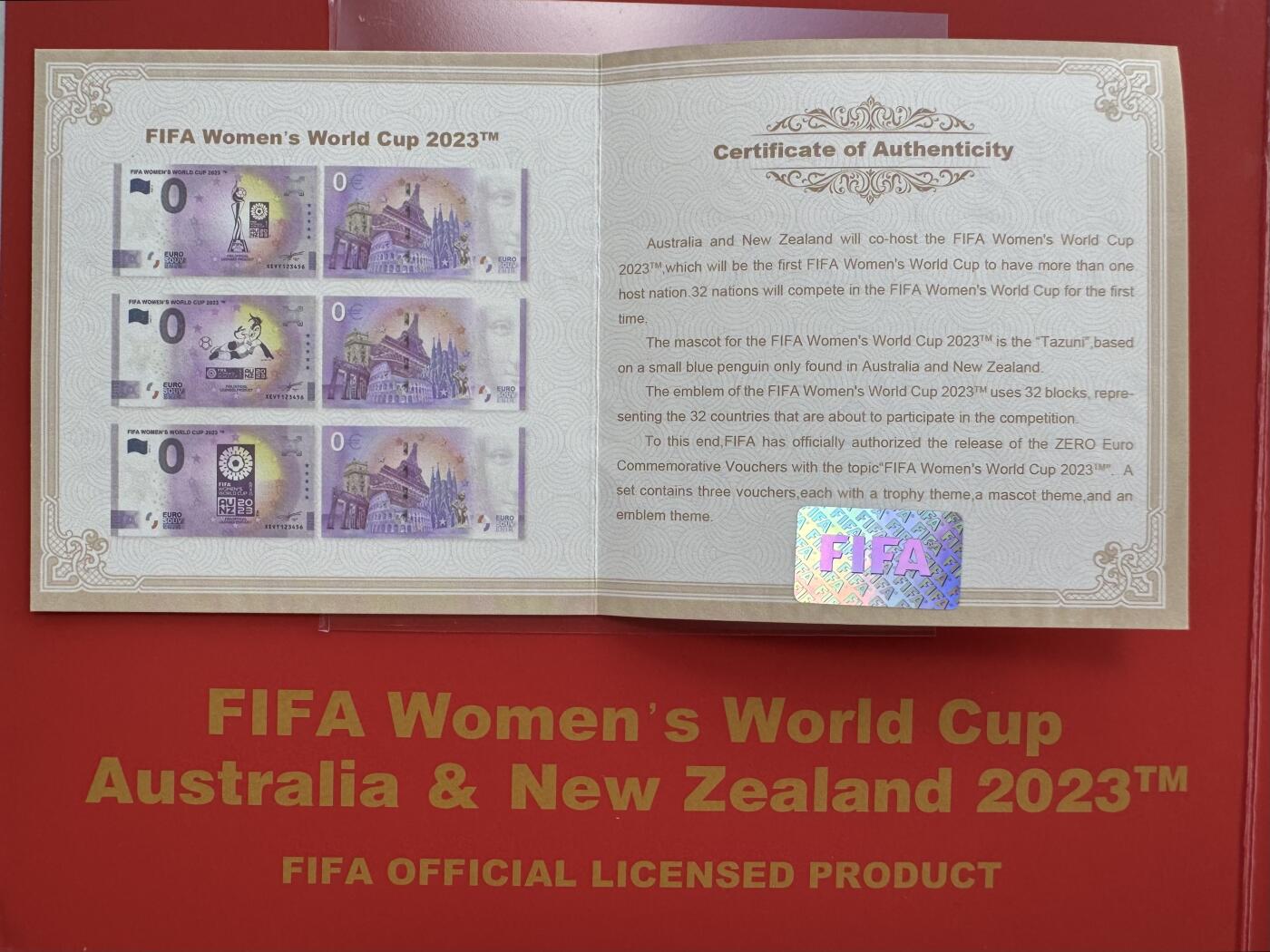 2026第2场（总第229期）：精品测试钞、连体钞综合场 国际足联2023年澳大利亚和新西兰世界杯足球赛0欧元纪念钞一套3枚全同号册装UNC（第26808号）