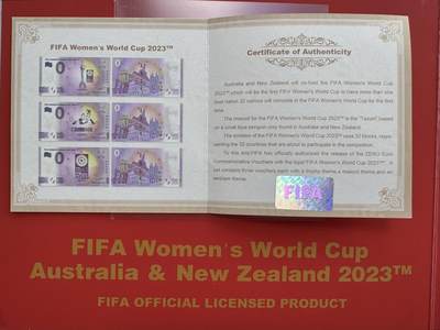 2026第2场（总第229期）：精品测试钞、连体钞综合场 - 国际足联2023年澳大利亚和新西兰世界杯足球赛0欧元纪念钞一套3枚全同号册装UNC（第26808号）
