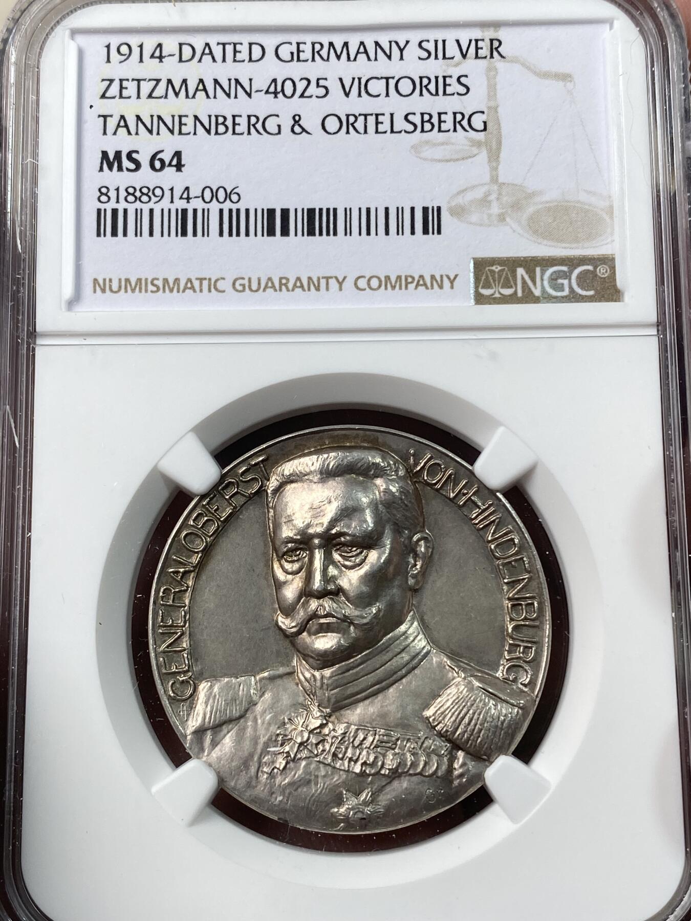 万国钱币拍卖第034期 NGC MS64 1914年德国兴登堡一战东线战场坦能堡大捷纪念银章 名誉高浮雕品种 德国武士挥剑斩熊