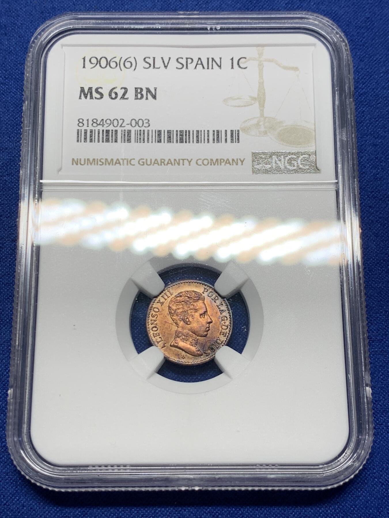 《竞宝斋》第307场   周日，周一,周二 3场连拍 （全场包邮） NGC MS62BN 西班牙1906年阿方索十三世1分铜币
