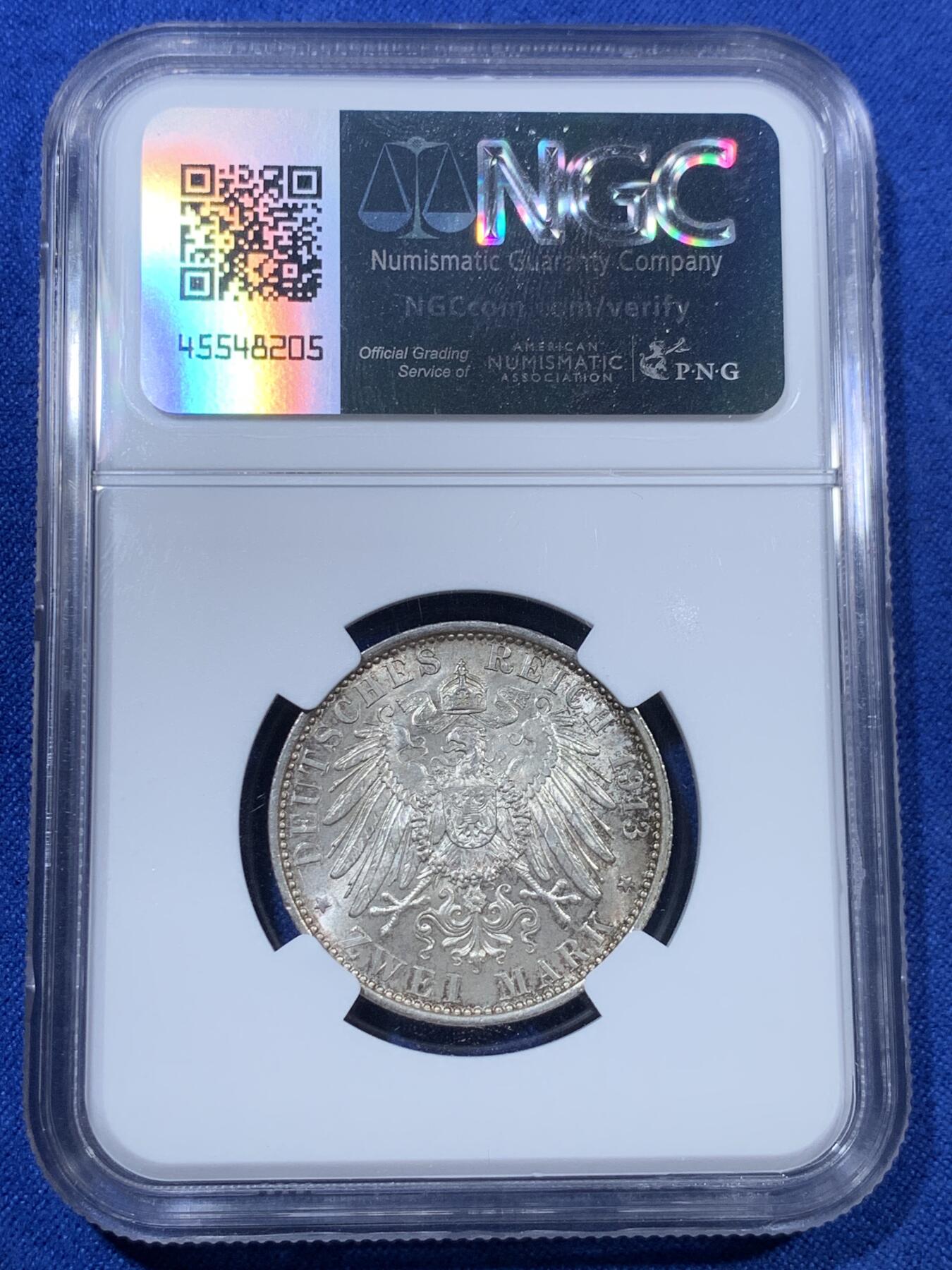 《竞宝斋》第307场   周日，周一,周二 3场连拍 （全场包邮） NGC MS65 原光德国1913年普鲁士军装2马克银币