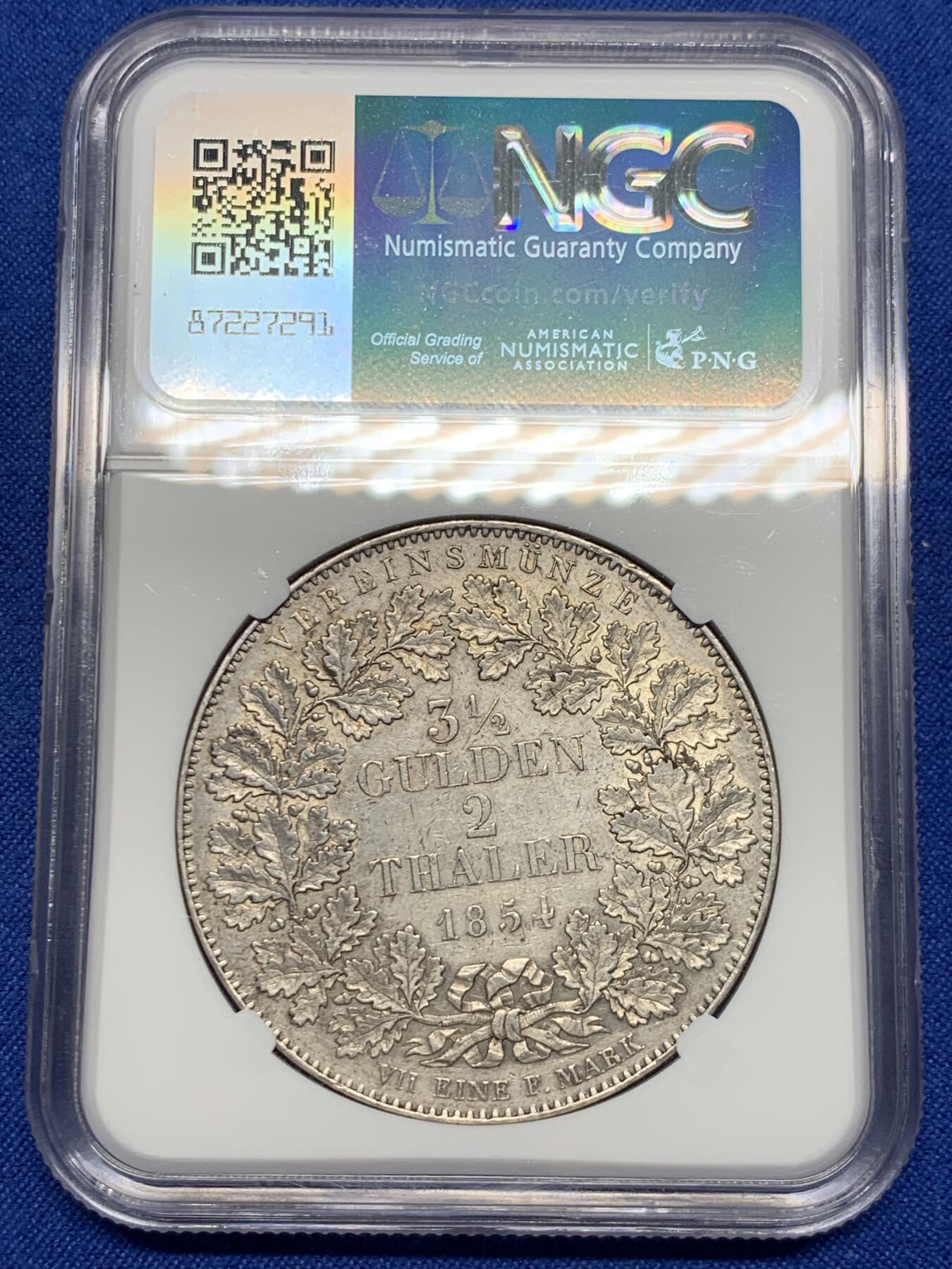 《竞宝斋》第307场   周日，周一,周二 3场连拍 （全场包邮） NGC AUD 德国 符腾堡 1854年 威廉一世  2泰勒大银币 少见品种 当个品种很不错