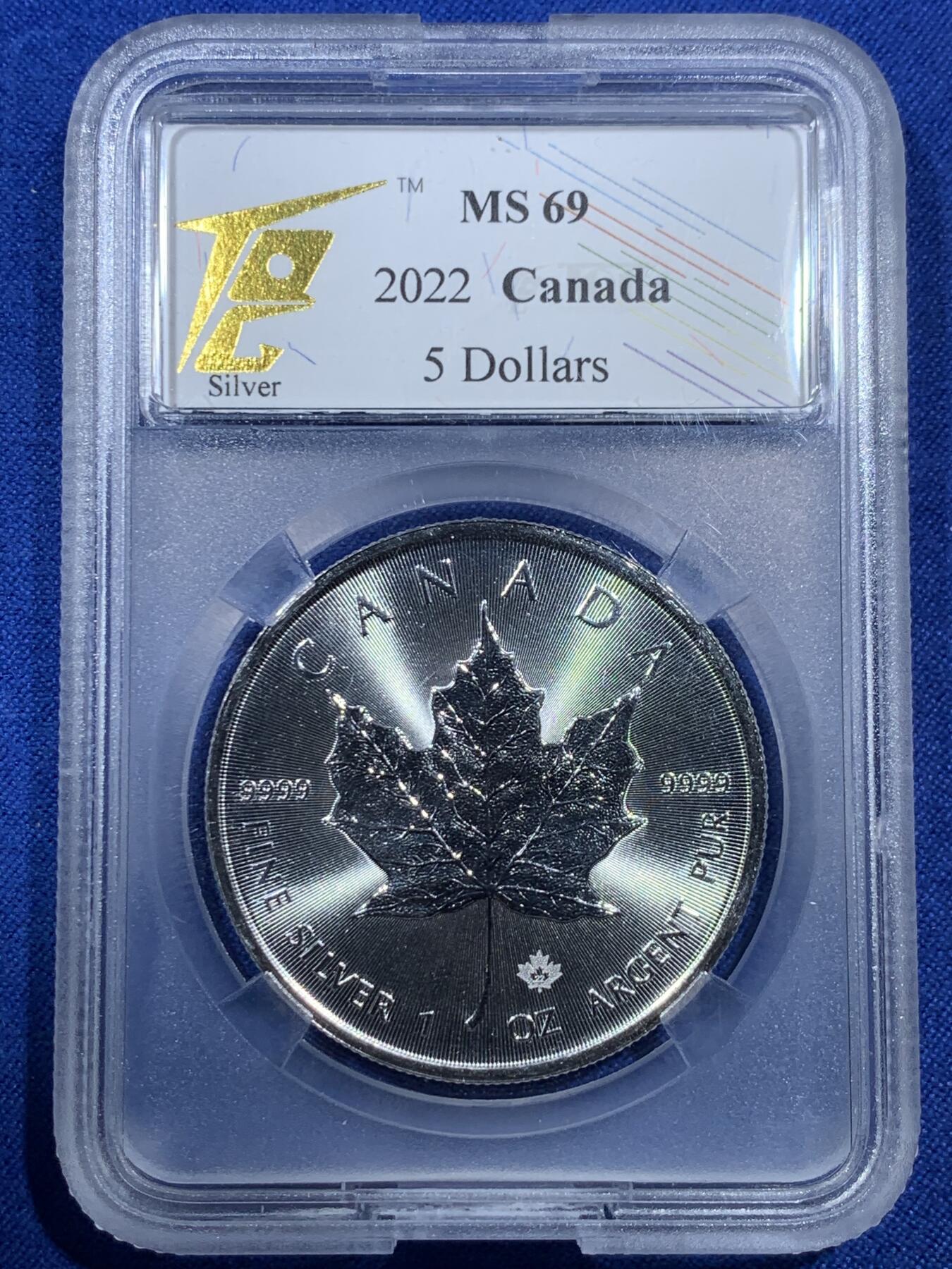 《竞宝斋》第307场   周日，周一,周二 3场连拍 （全场包邮） TQG MS69 加拿大 2022年 1盎司枫叶投资银币 9999含银量 没有白斑很适合收藏