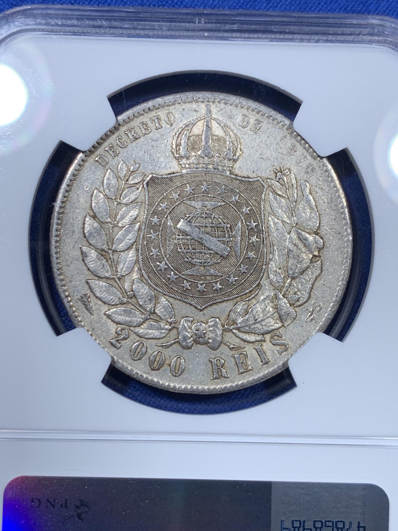 《竞宝斋》第307场   周日，周一,周二 3场连拍 （全场包邮） NGC AU55 巴西1889年佩德罗二世2000瑞斯银币