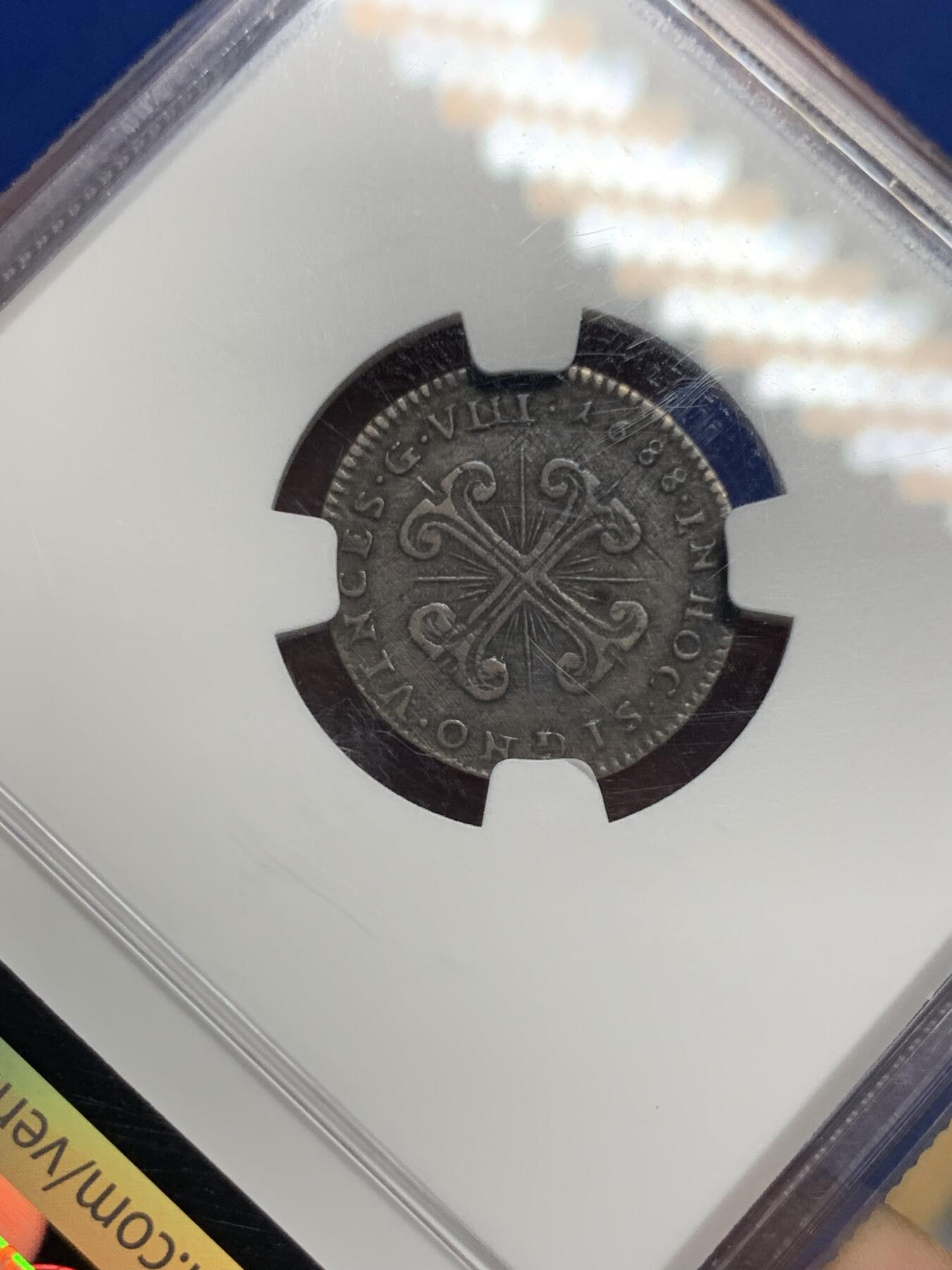 《竞宝斋》第307场   周日，周一,周二 3场连拍 （全场包邮） NGC XFD 意大利那不勒斯1688年卡洛斯二世8G银币 少见原味美品