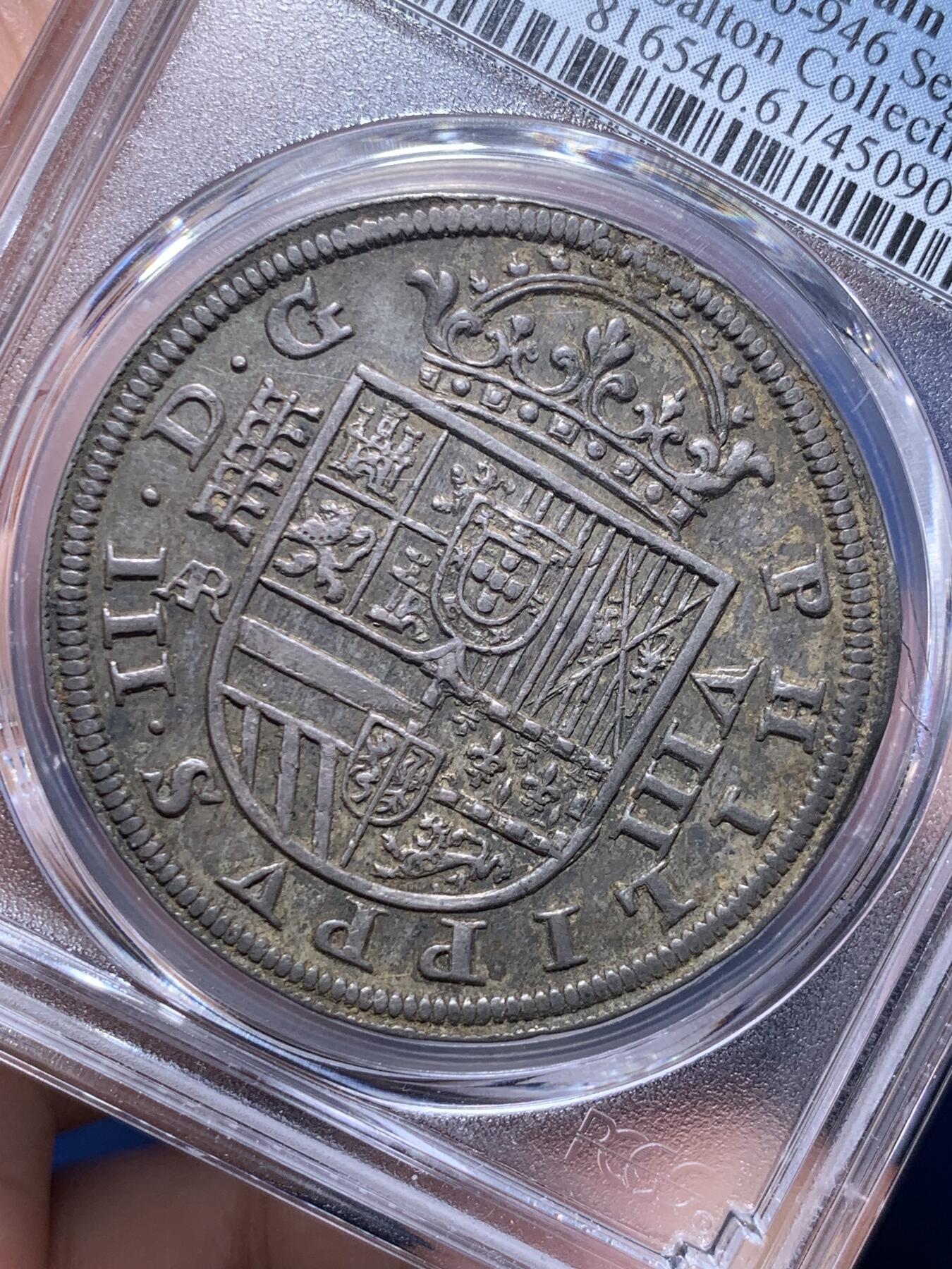 《竞宝斋》第307场   周日，周一,周二 3场连拍 （全场包邮） PCGS MS61 唯一冠军分  西班牙1614年8R大银币 塞戈维亚厂 醇黑包浆 光彩四溢 图案文字打制完美 低评状态 名家Salton旧藏 西班牙早期本土大银币不可或缺的珍品