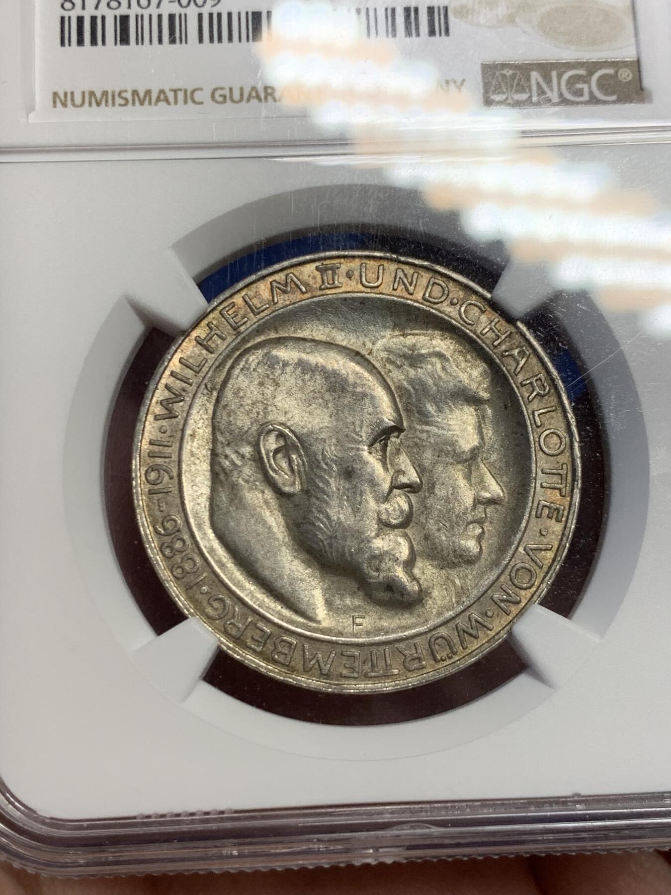 《竞宝斋》第307场   周日，周一,周二 3场连拍 （全场包邮） NGC MS64 原光德国1911年符腾堡金婚3马克银币