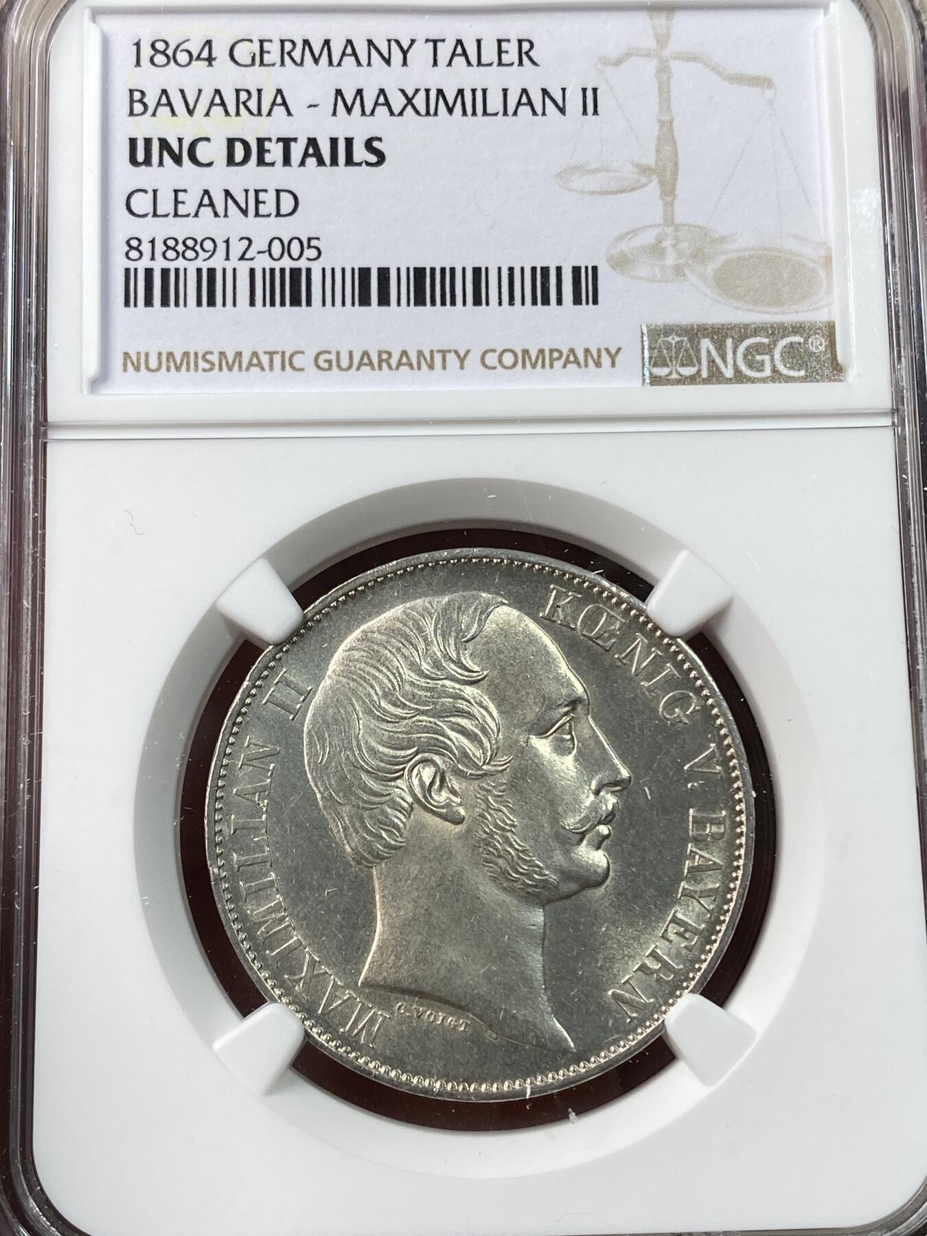 万国钱币拍卖第034期 NGC UNCD 1864年德国巴伐利亚双狮盾徽流通1泰勒 转光与高点都非常出色 错杀感极重