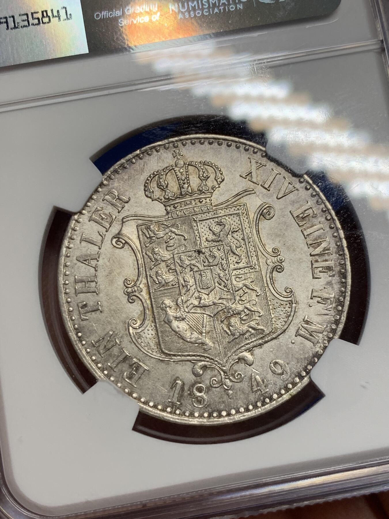 《竞宝斋》第307场   周日，周一,周二 3场连拍 （全场包邮） NGC UNC 德国 汉诺威 1849 奥古斯特一世 泰勒银币 少见品种 细节非常好 带淡彩