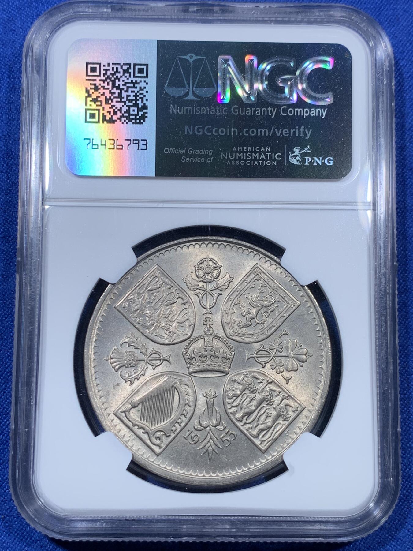 《竞宝斋》第307场   周日，周一,周二 3场连拍 （全场包邮） NGC MS64 英国1953年伊丽莎白二世登基纪念克朗
